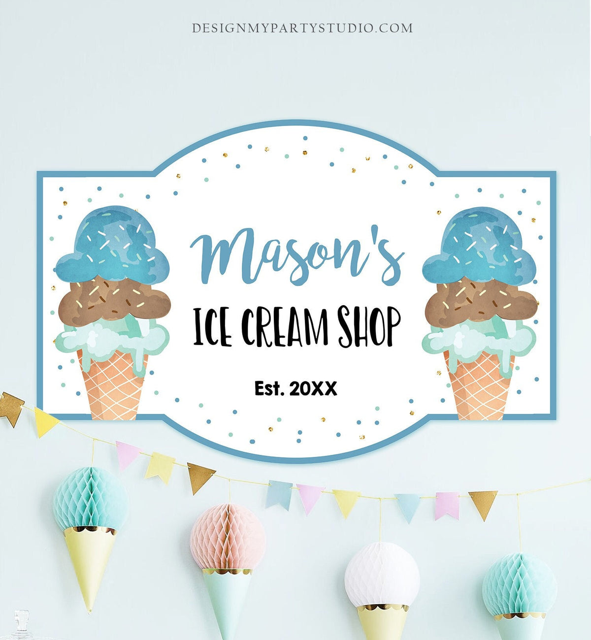 Editable Ice Cream Shop Sign Ice Cream Birthday Welcome Ice Cream Parlor Boy Summer Party Blue Brown Chocolate Template PRINTABLE Corjl 0243