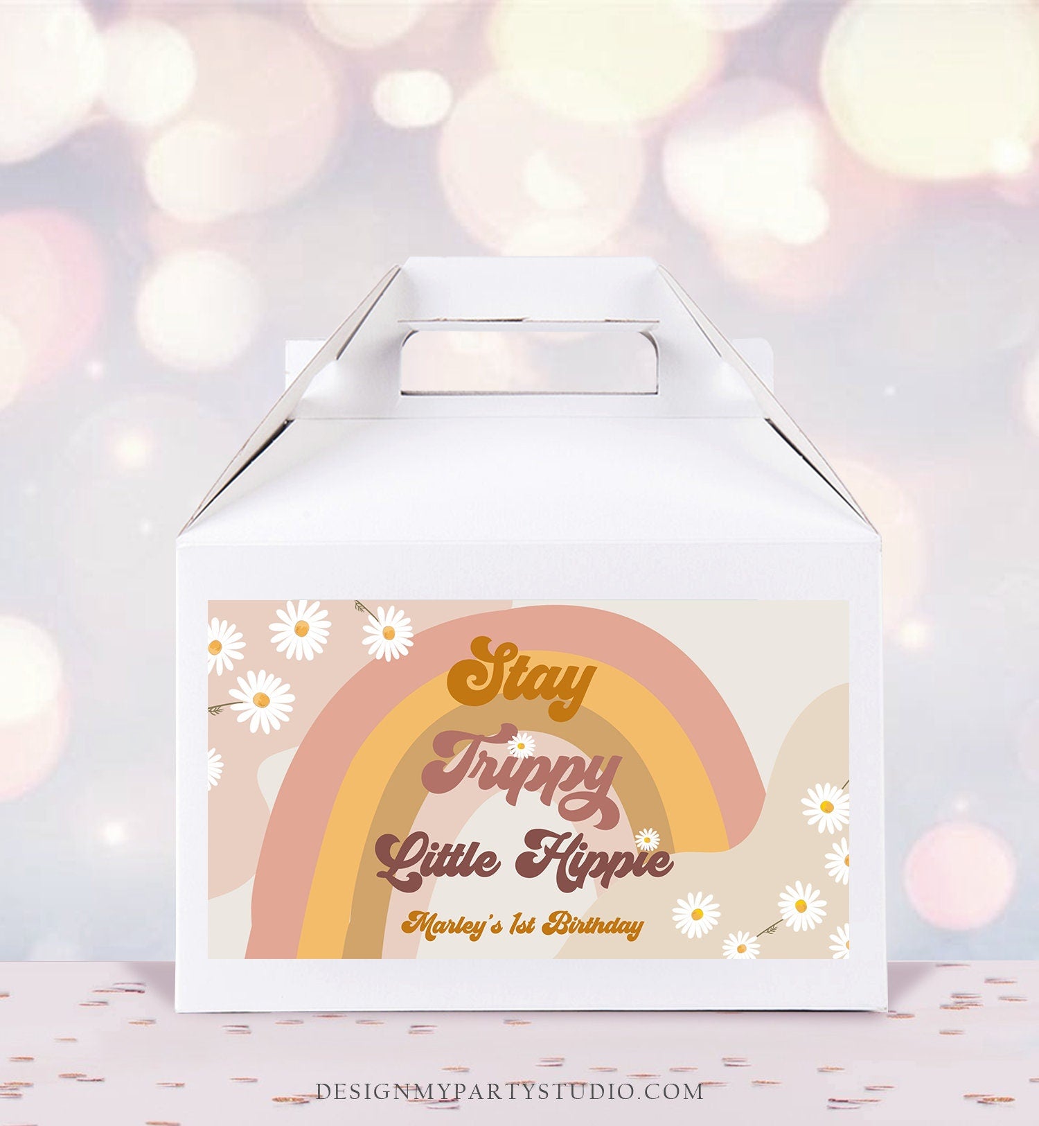 Editable Groovy Birthday Party Gable Box Favor Label Stay Trippy Little Hippie 70's Box Label Festival Daisy Download Printable Corjl 0428