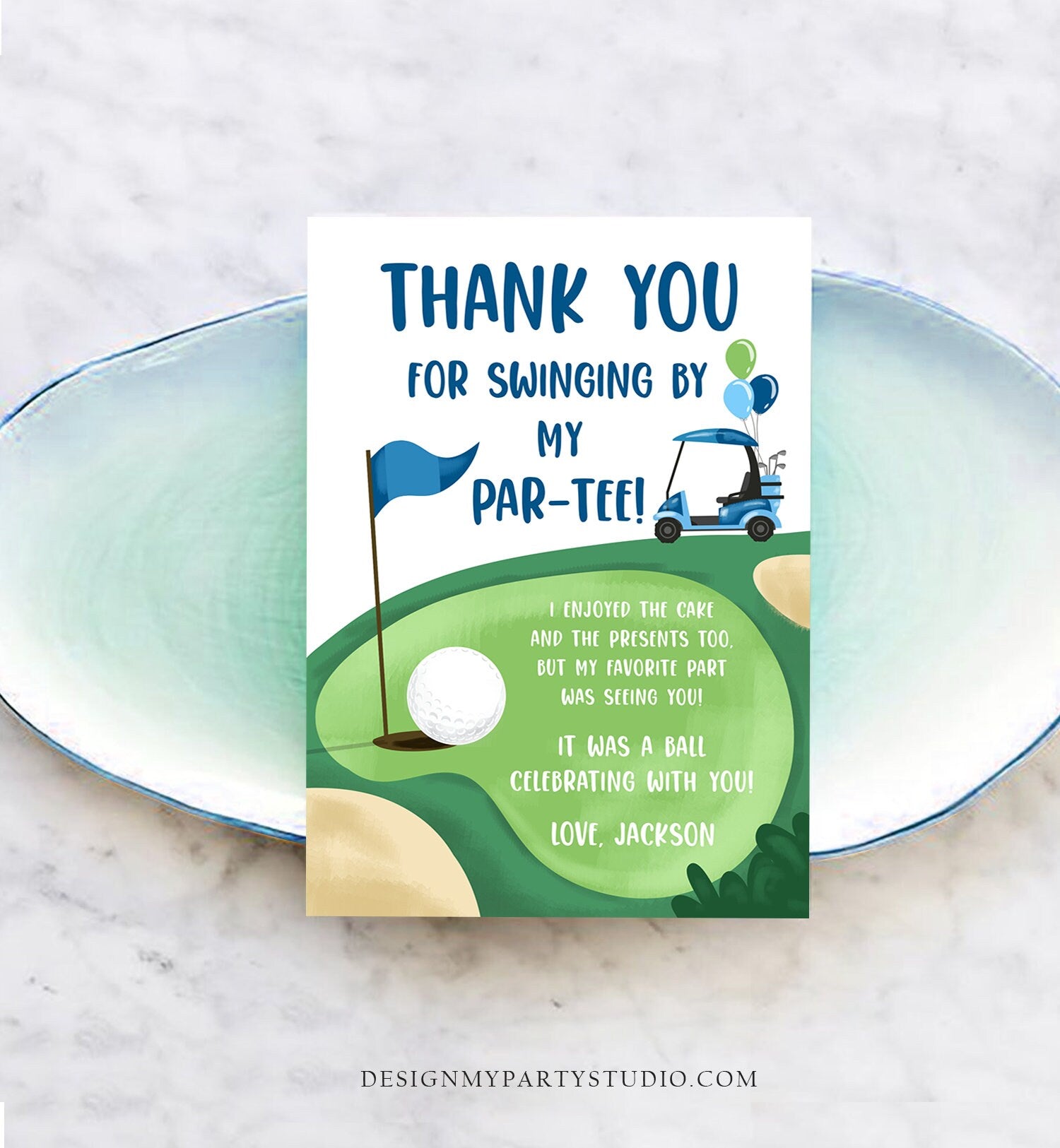 Editable Golf Thank You Card Golfing Birthday Par-tee Swinging By Hole in One Golf Court Boy Girl Cart Printable Corjl Template Digital 0405