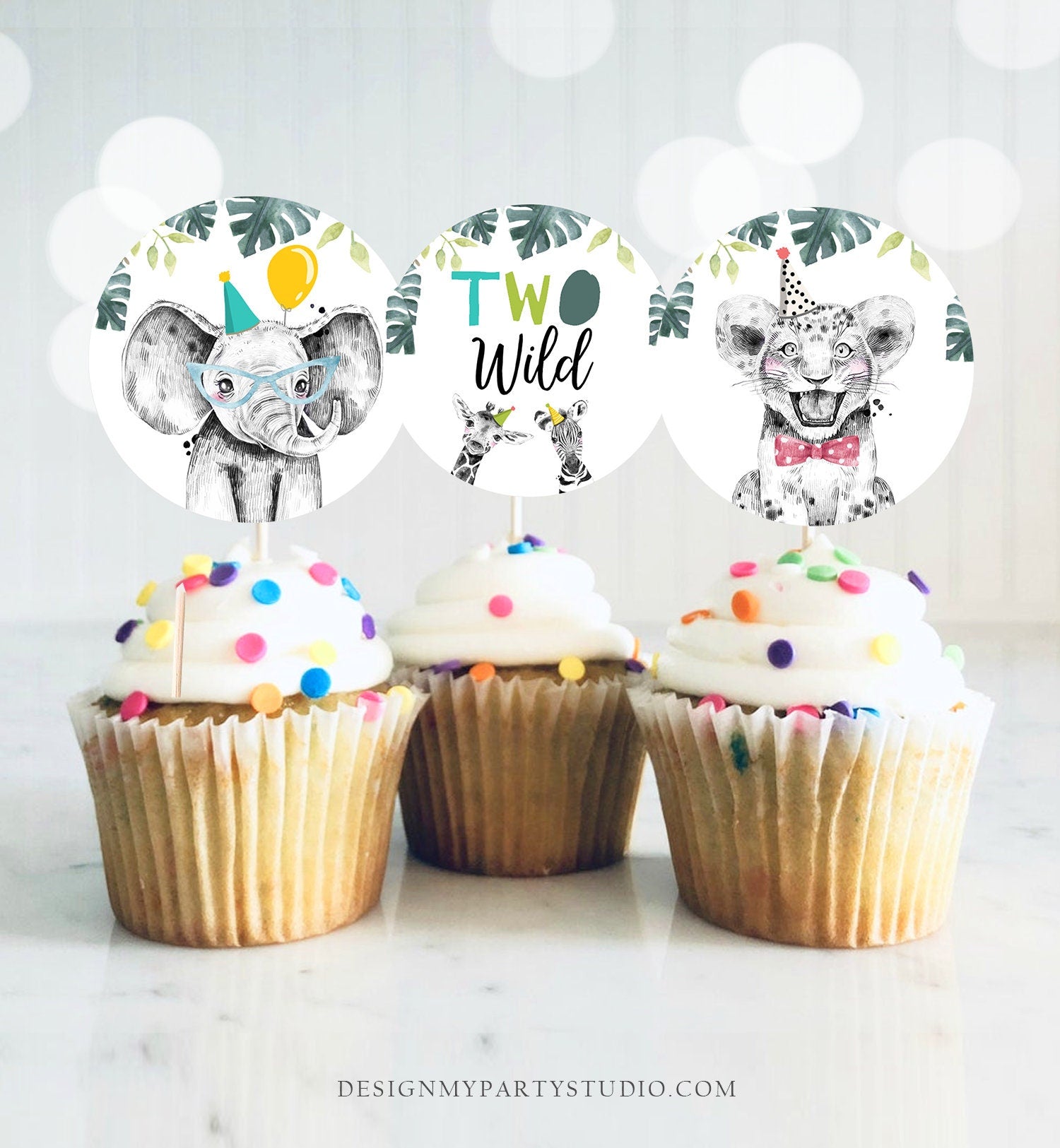 Party Animals Cupcake Toppers Favor Tags Birthday Party Decoration Safari Animals Zoo 2nd Birthday Two Wild download Digital PRINTABLE 0322