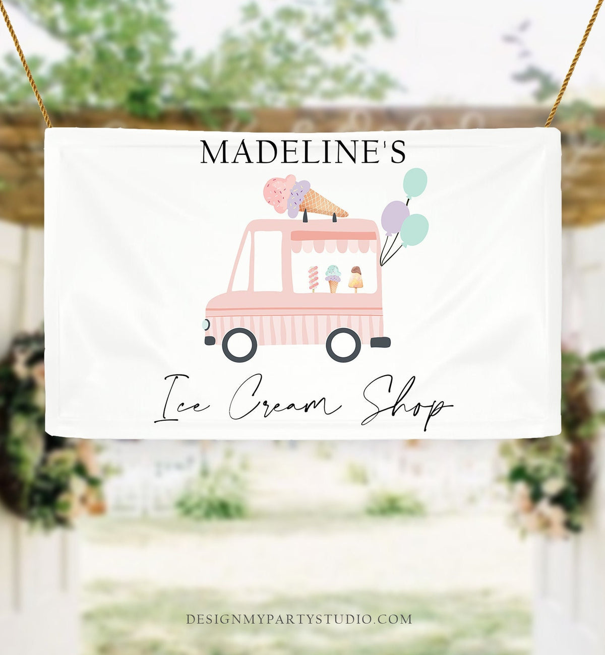 Editable Ice Cream Truck Birthday Backdrop Banner Welcome Ice Cream Party Girl Ice Cream Shoppe Sign Download Corjl Template Printable 0415