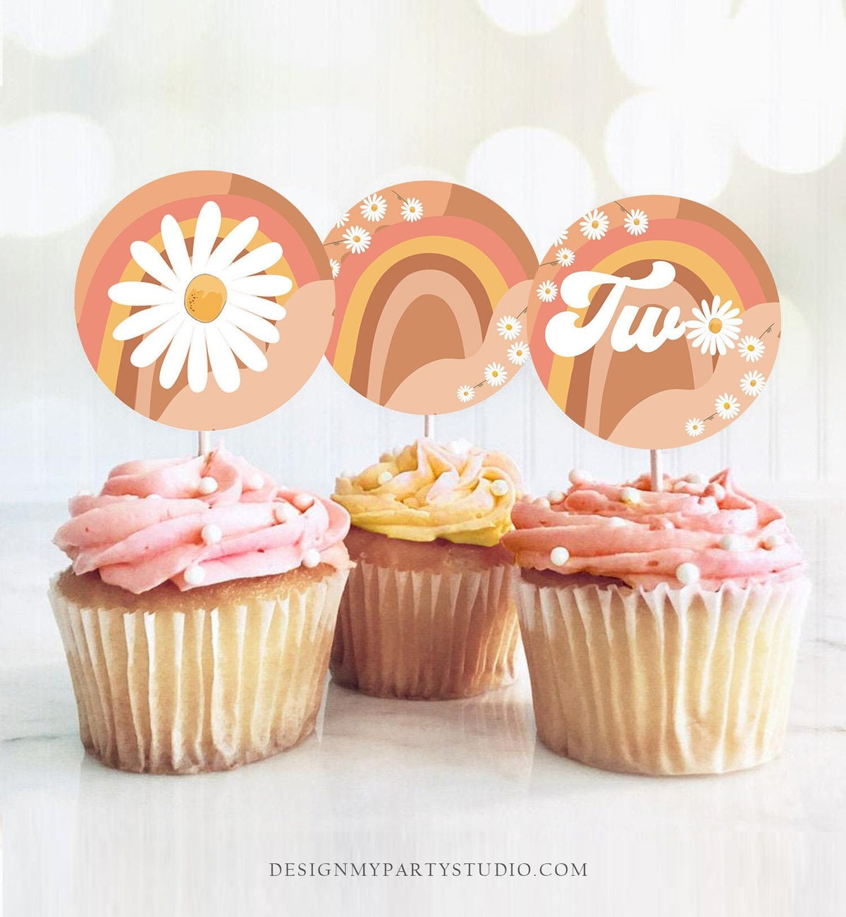 Two Groovy Birthday Cupcake Toppers Favor Tags Retro Daisy Birthday Party Decor 2nd Flower Power Festival Digital Download Printable 0428