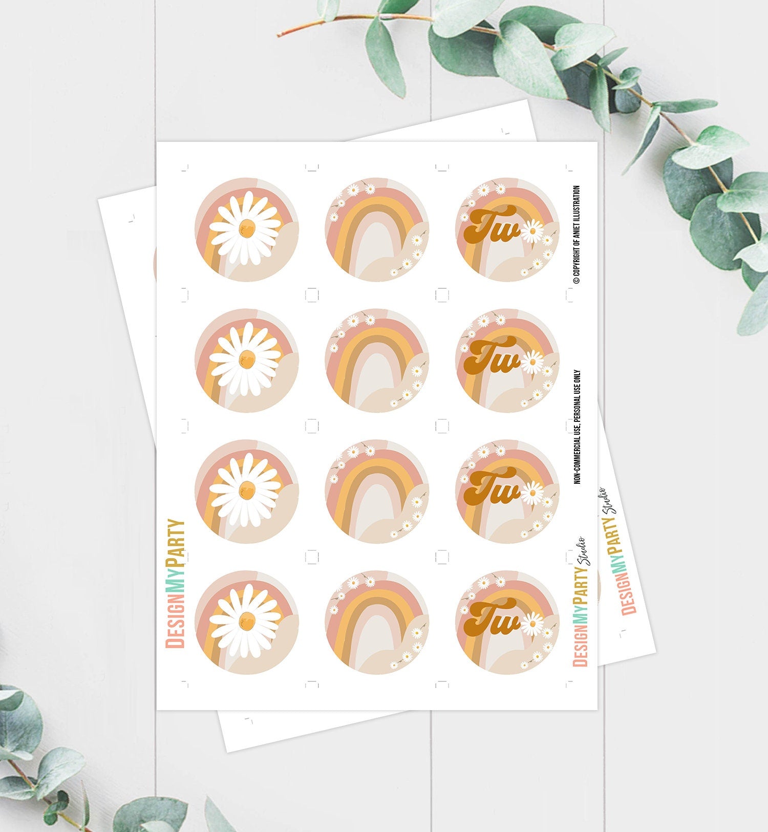 Two Groovy Birthday Cupcake Toppers Favor Tags Retro Daisy Birthday Party Decor 2nd Flower Power Festival Download Digital PRINTABLE 0428