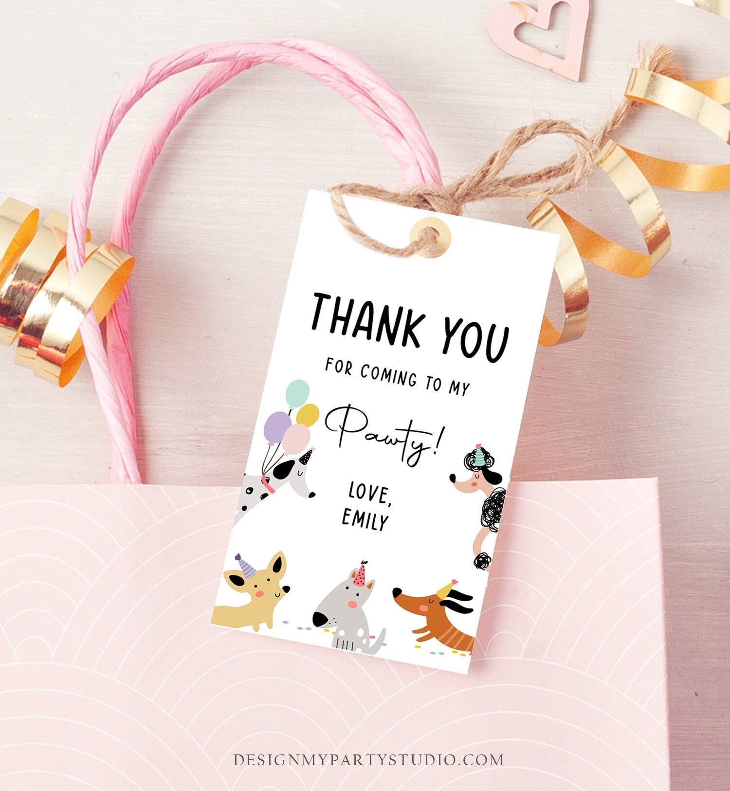 Editable Dog Favor tags Puppy Dog Birthday Thank you tag Girl Pink Puppies Pup Pet Animal Dog Themed Modern Template PRINTABLE Corjl 0429