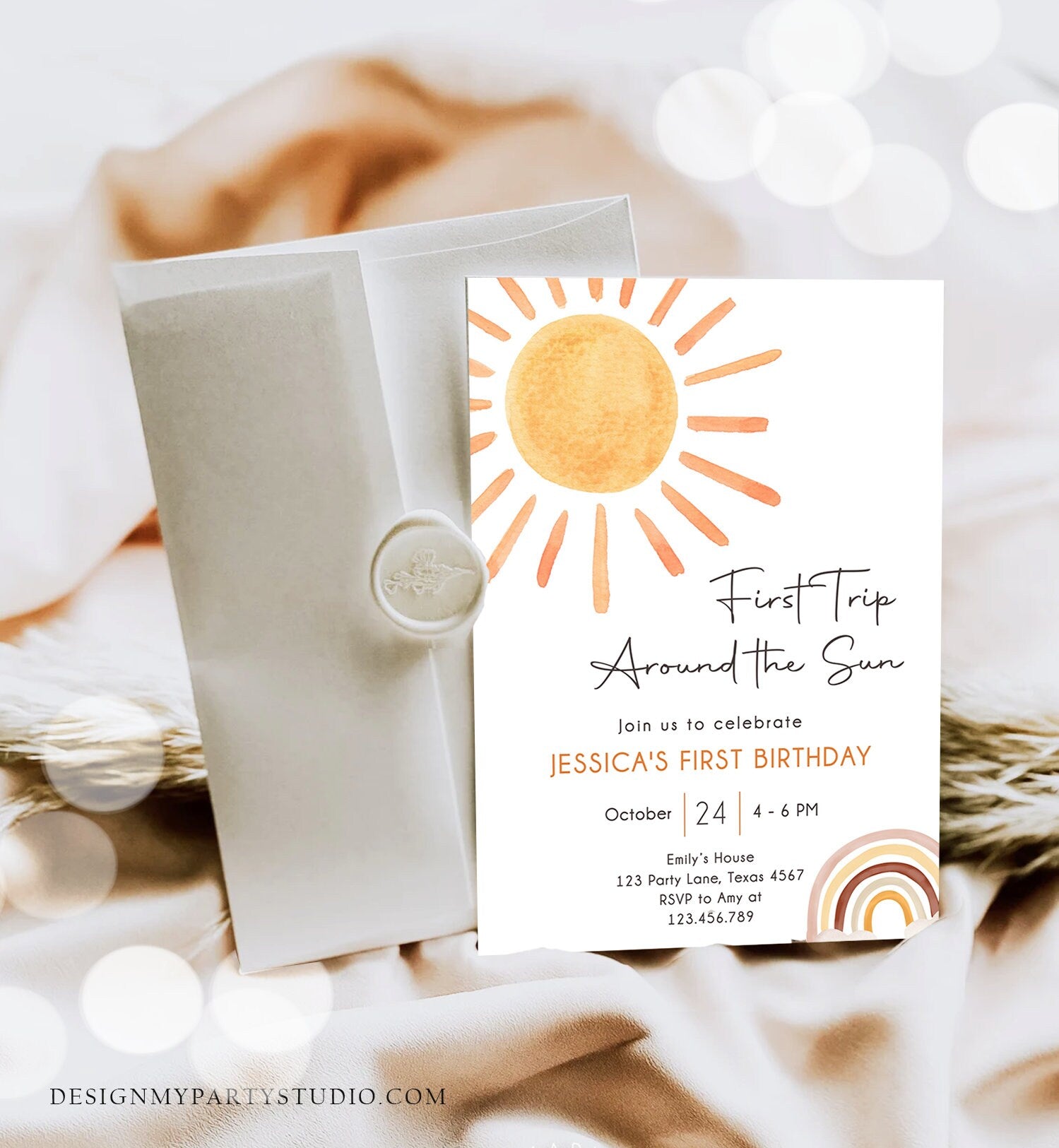 Editable First Trip Around The Sun Birthday Invitation 1st Birthday Sunshine Neutral Boho Download Printable Template Digital Corjl 0431