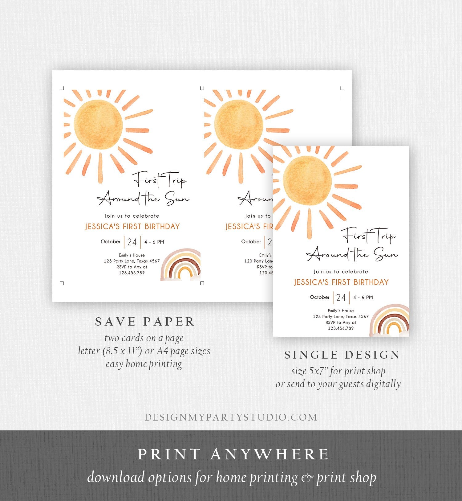 Editable First Trip Around The Sun Birthday Invitation 1st Birthday Sunshine Neutral Boho Download Printable Template Digital Corjl 0431