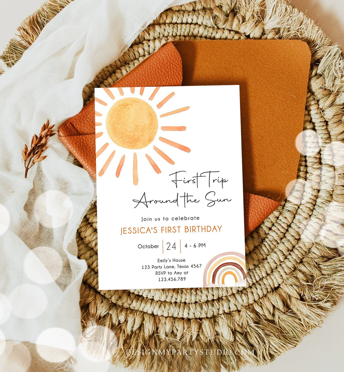 Editable First Trip Around The Sun Birthday Invitation 1st Birthday Sunshine Neutral Boho Download Printable Template Digital Corjl 0431