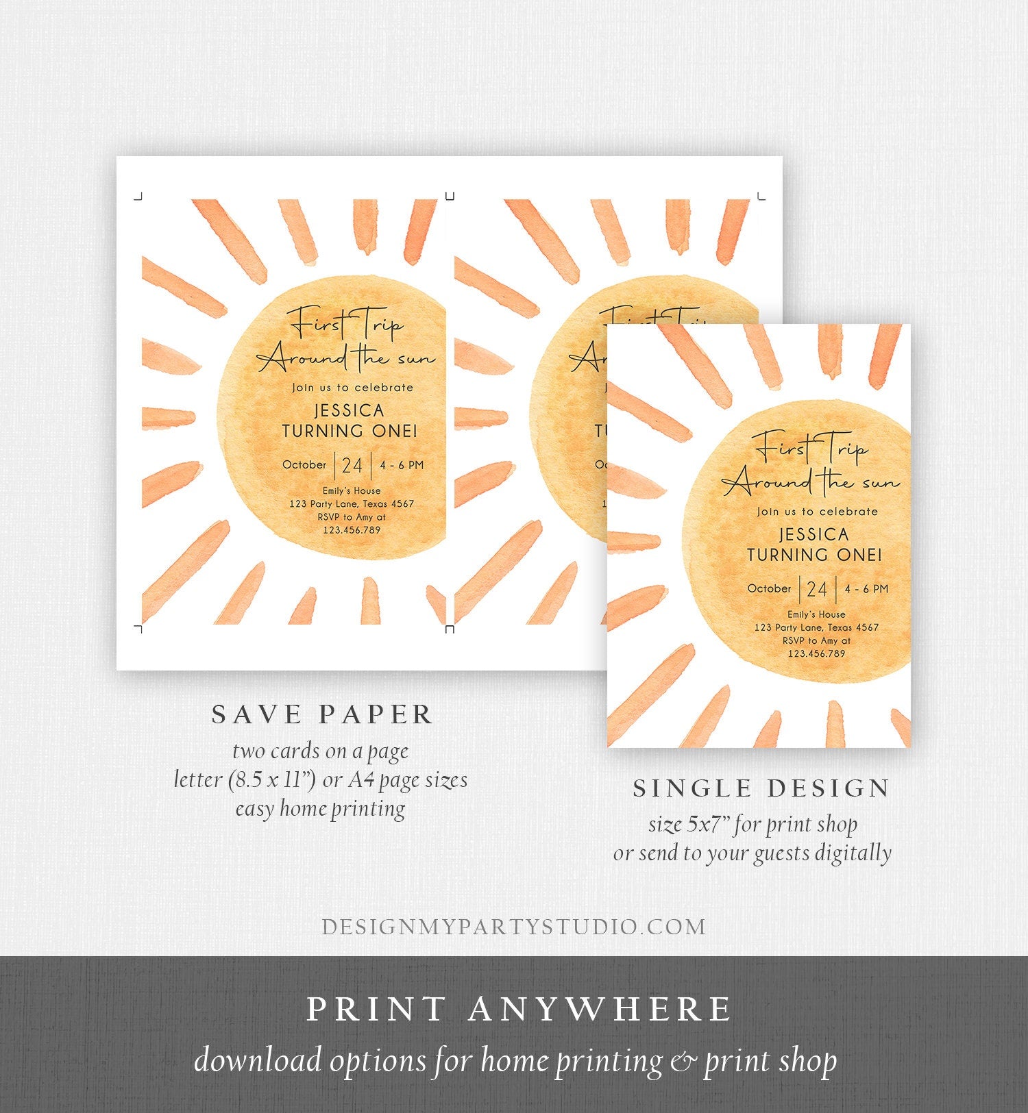 Editable First Trip Around The Sun Birthday Invitation 1st Birthday Sunshine Birthday Boho Download Printable Template Digital Corjl 0431