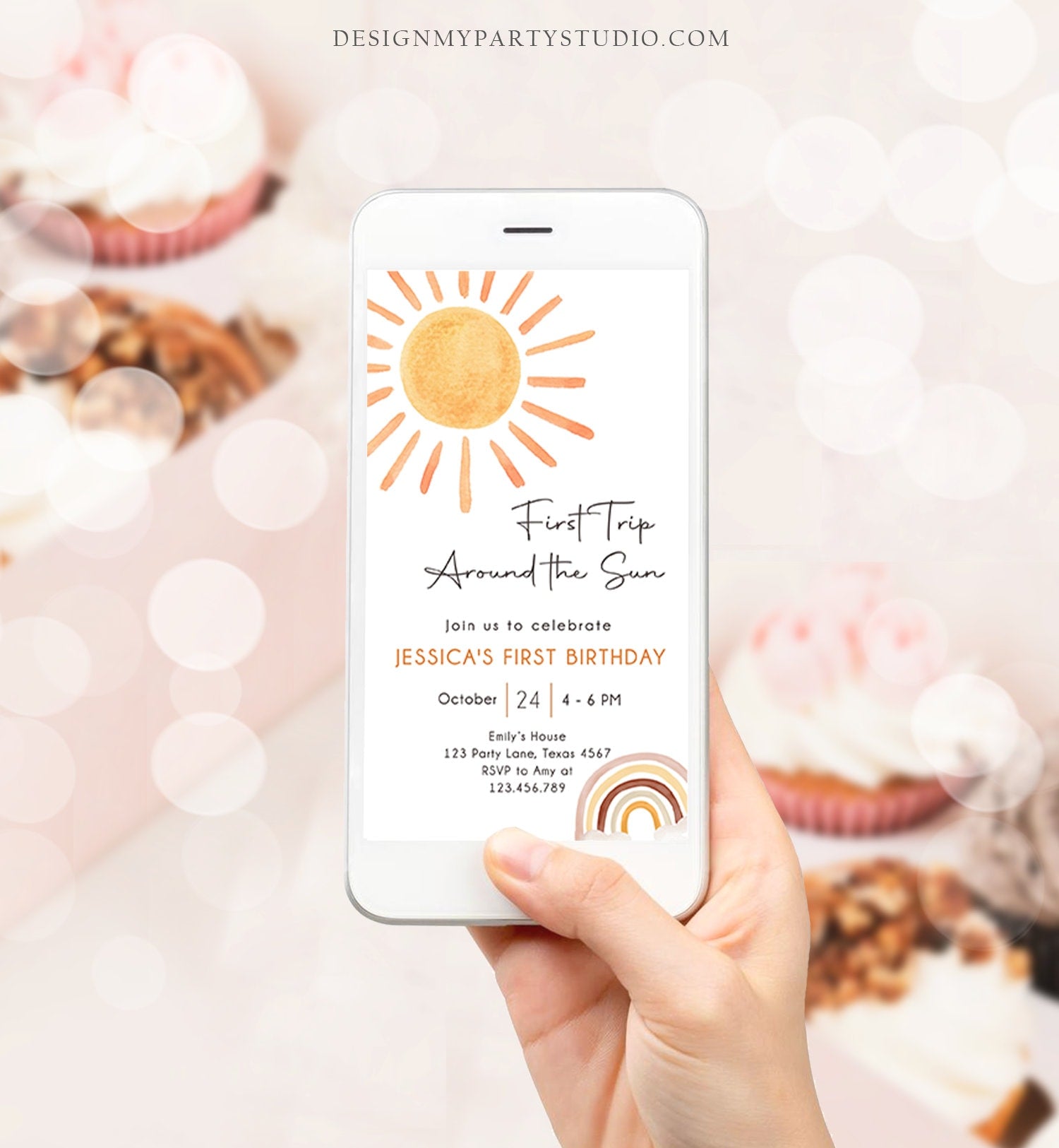 Editable First Trip Around The Sun Birthday Evite 1st Birthday Sunshine Neutral Boho Electronic Download Phone Template Digital Corjl 0431