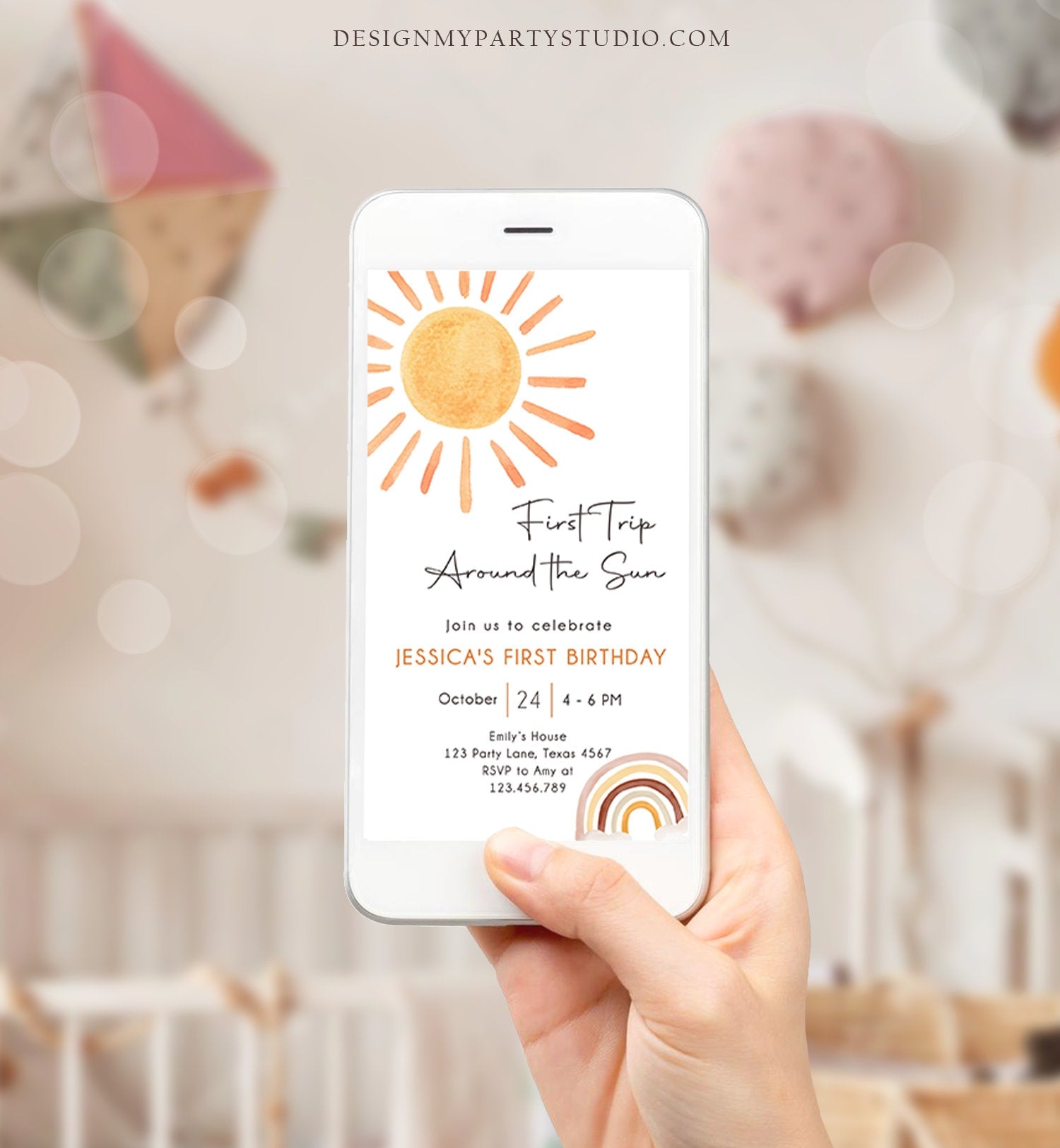 Editable First Trip Around The Sun Birthday Evite 1st Birthday Sunshine Neutral Boho Electronic Download Phone Template Digital Corjl 0431