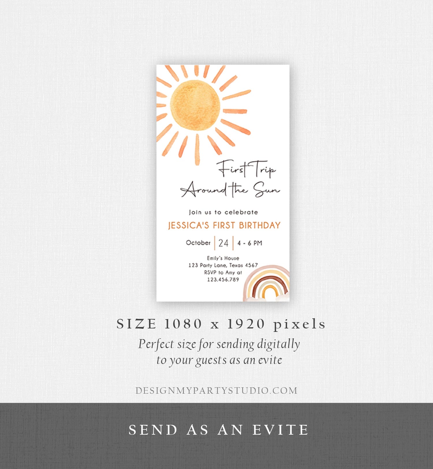 Editable First Trip Around The Sun Birthday Evite 1st Birthday Sunshine Neutral Boho Electronic Download Phone Template Digital Corjl 0431