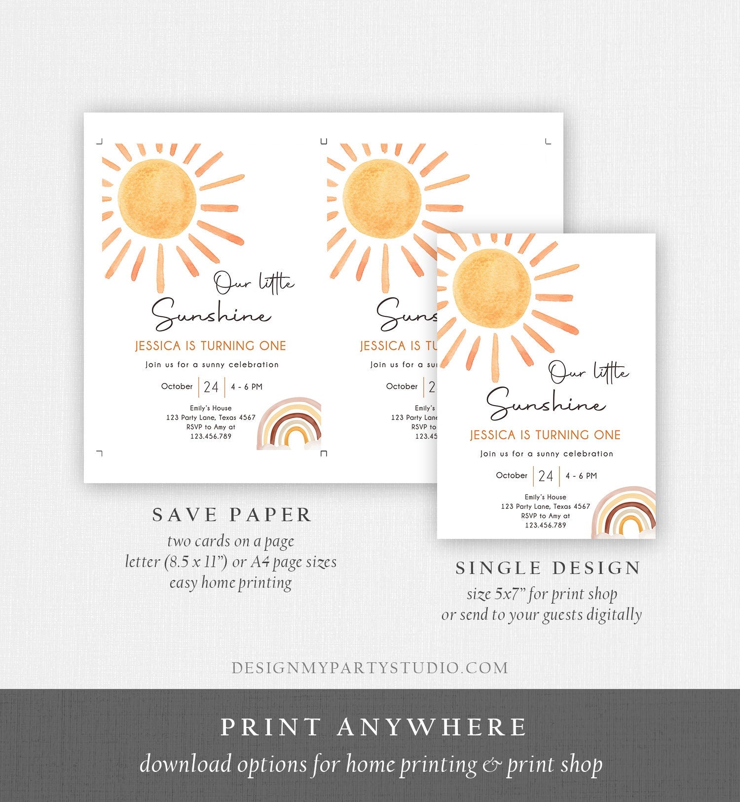 Editable Our Little Sunshine Birthday Invitation 1st Sunshine Birthday Party Neutral Boho Download Printable Template Digital Evite 0431