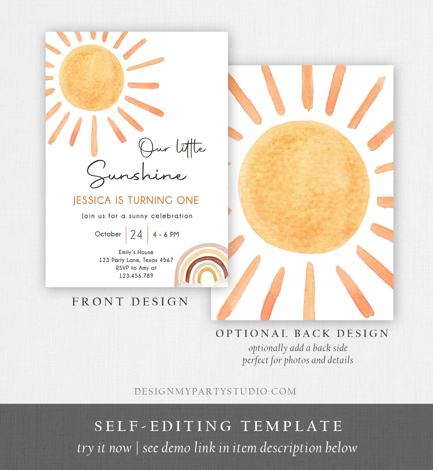 Editable Our Little Sunshine Birthday Invitation 1st Sunshine Birthday Party Neutral Boho Download Printable Template Digital Evite 0431