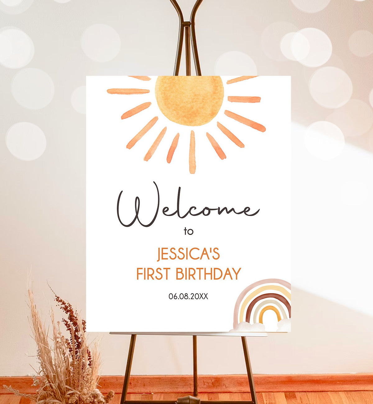 Editable Sunshine Welcome Sign First Trip Around the Sun Birthday Party Boho Gender Neutral Sun Baby Shower Template PRINTABLE Corjl 0431