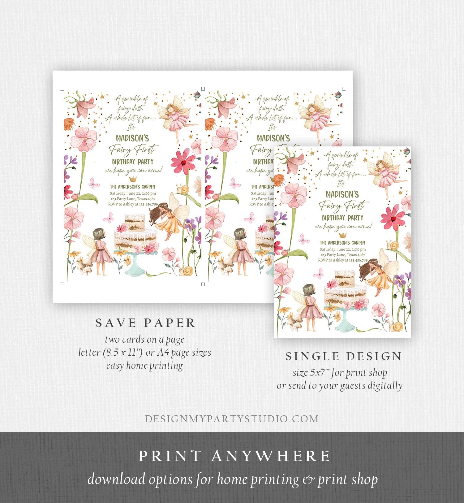 Editable Fairy First Birthday Invitation Fairy Garden Birthday Fairy Forest Girl 1st Birthday Magical Download Printable Template Corjl 0406