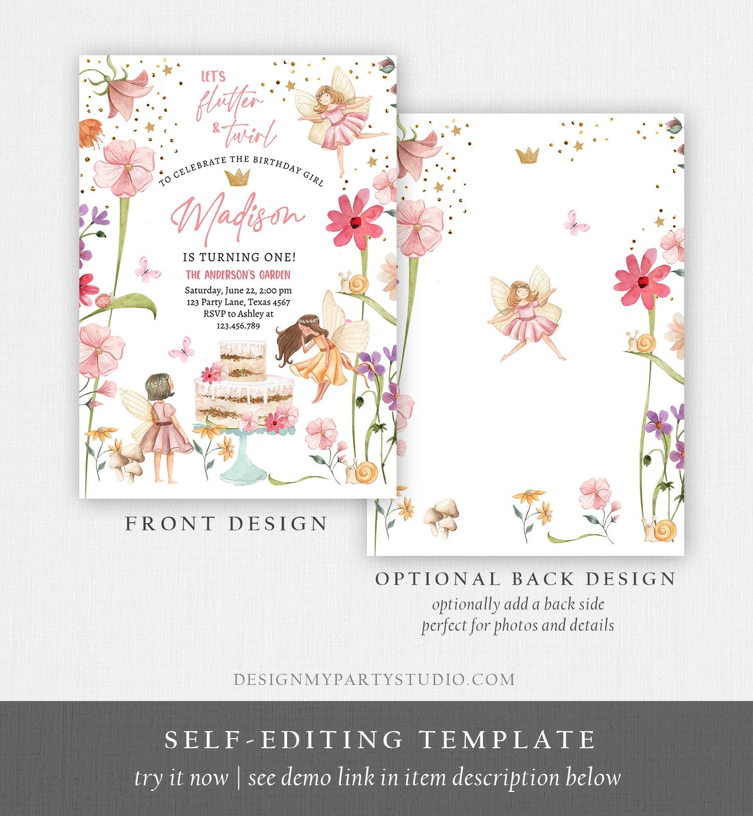 Editable Fairy Princess Birthday Invitation Girl Pink Floral Fairy Party Whimsical Garden Download Printable Template Corjl Digital 0406