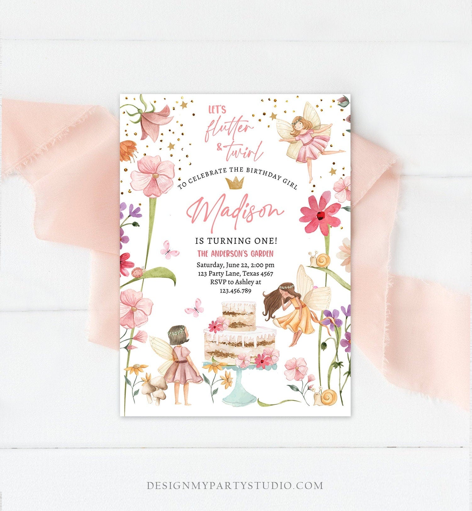 Editable Fairy Princess Birthday Invitation Girl Pink Floral Fairy Party Whimsical Garden Download Printable Template Corjl Digital 0406