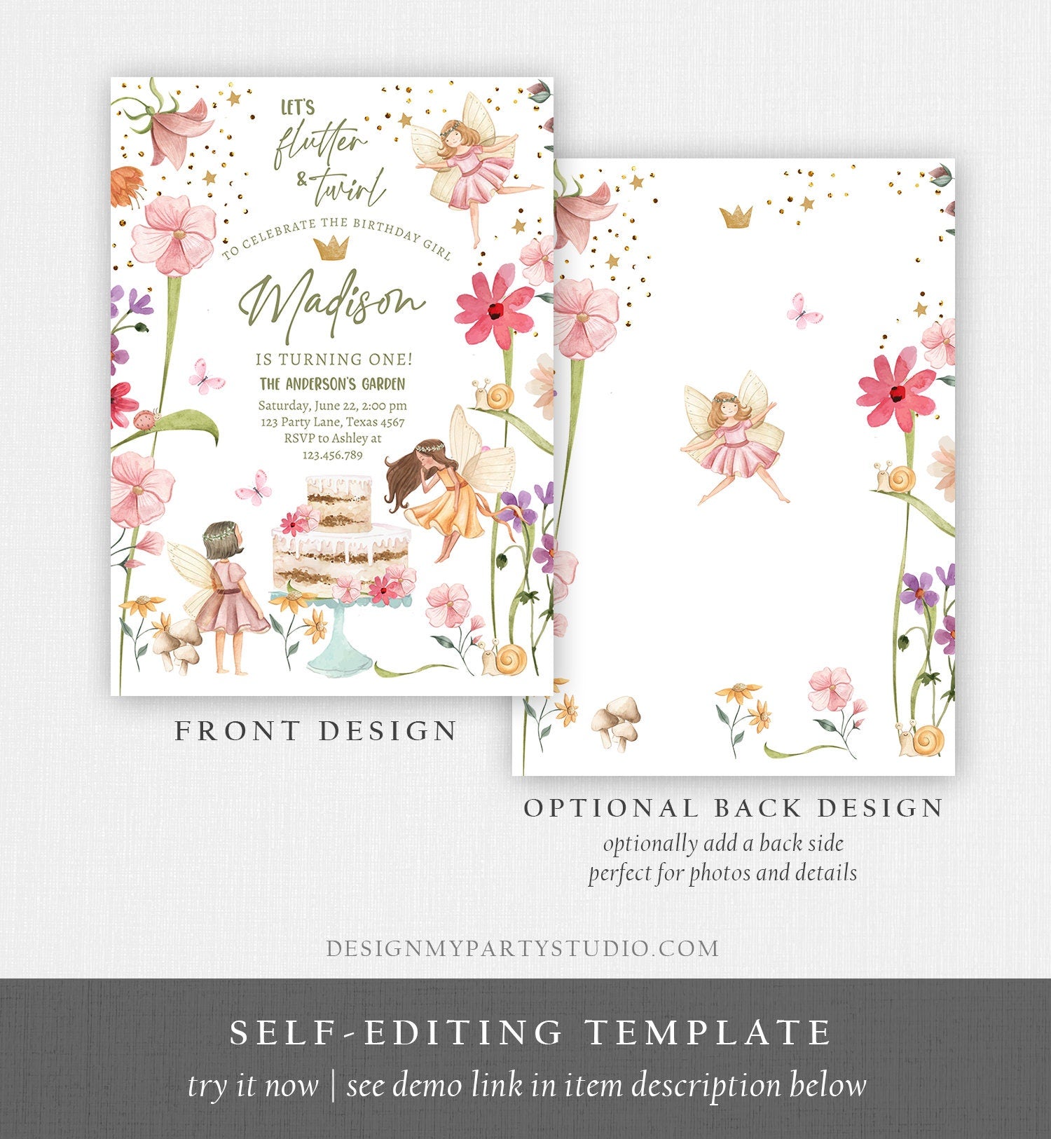 Editable Fairy Princess Birthday Invitation Girl Pink Floral Fairy Party Whimsical Garden Digital Download Evite Template Printable 0406