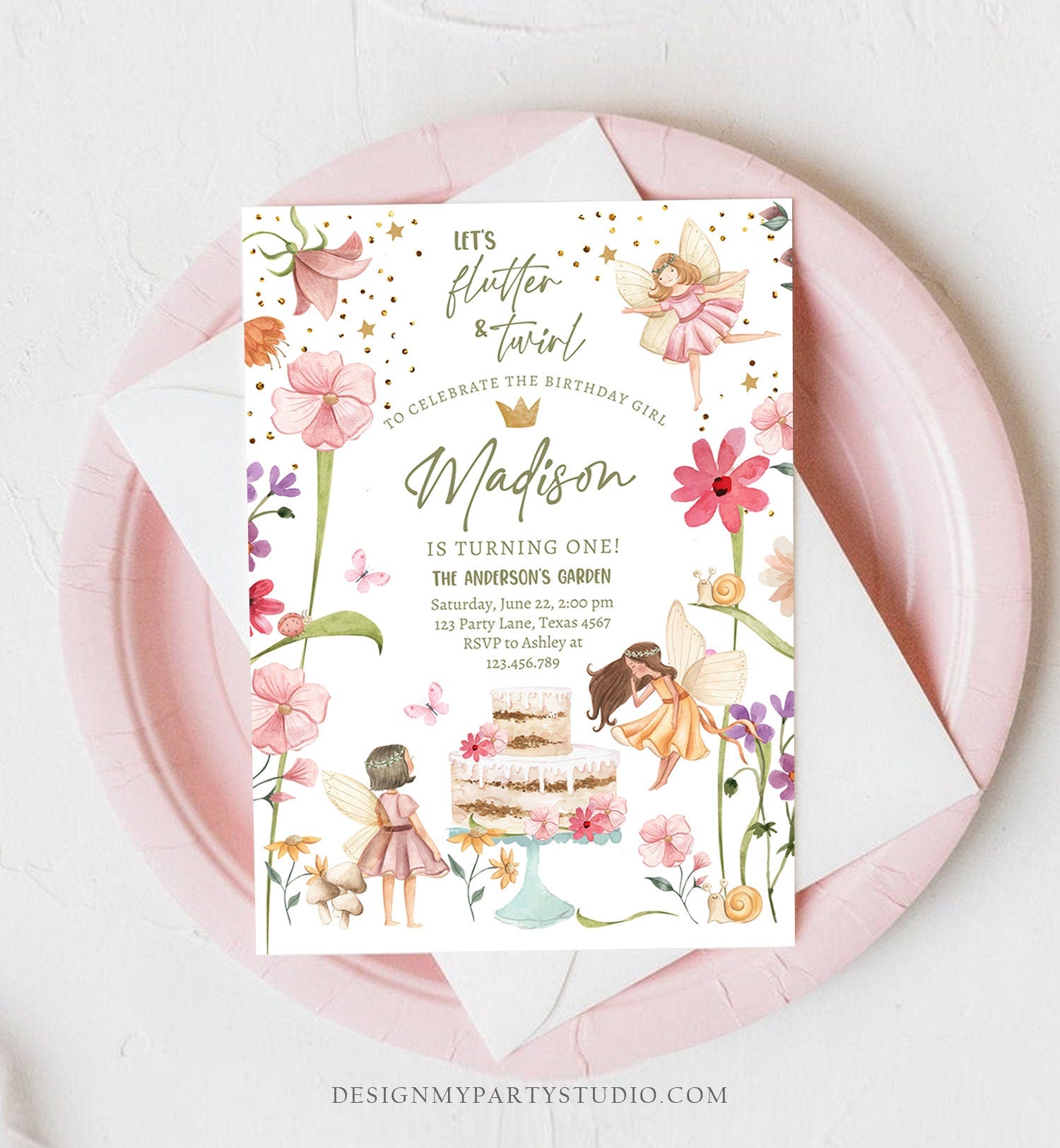 Editable Fairy Princess Birthday Invitation Girl Pink Floral Fairy Party Whimsical Garden Digital Download Evite Template Printable 0406