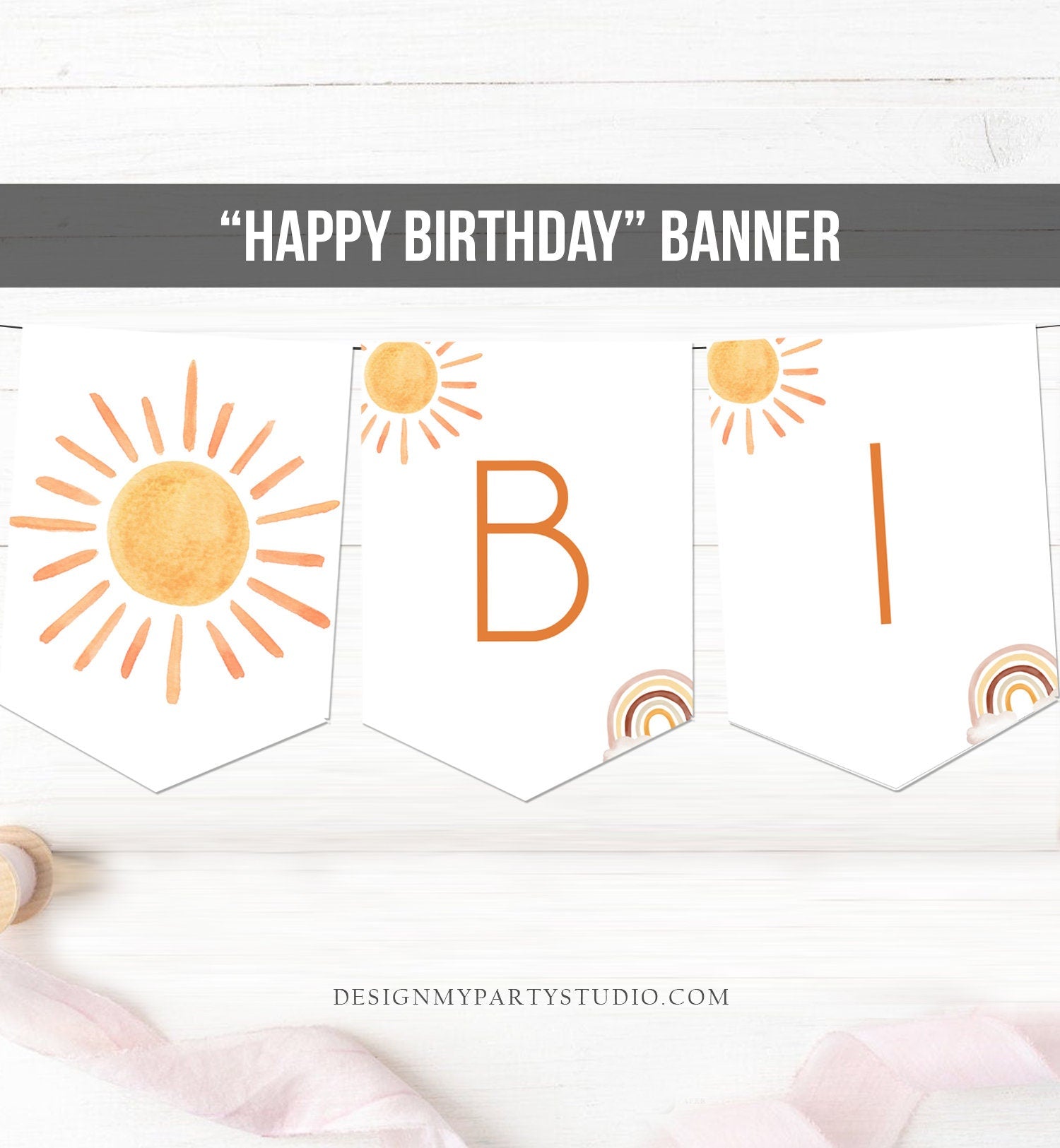 Sun Happy Birthday Banner First Trip Around the Sun Bunting Sunshine Banner Sunshine Birthday Decor Neutral Garland PRINTABLE Digital 0431