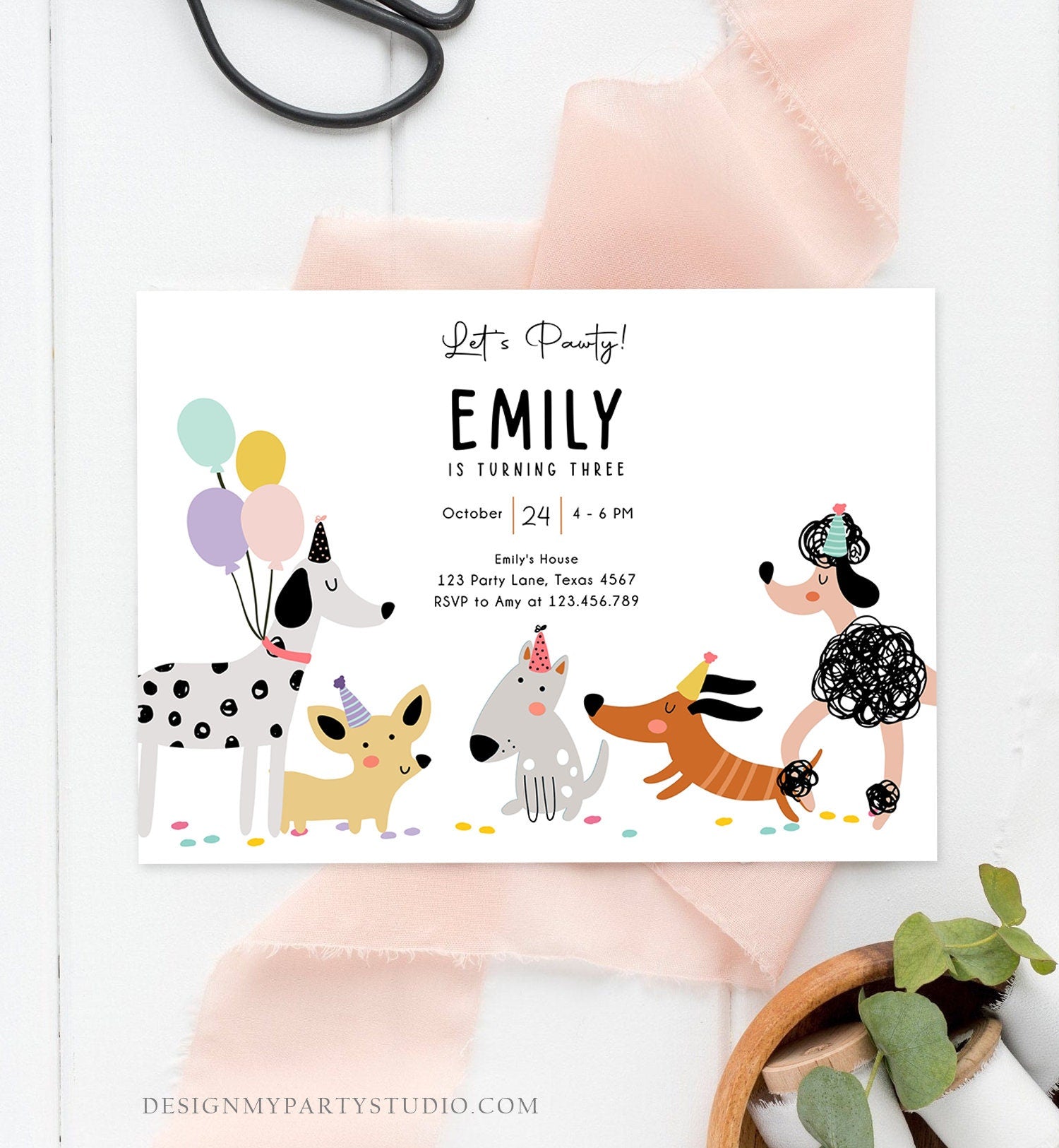 Editable Dog Birthday Party Invitation Puppy Birthday Invite Pink Girl Pawty Birthday Animal Pet Vet Download Printable Template Corjl 0429