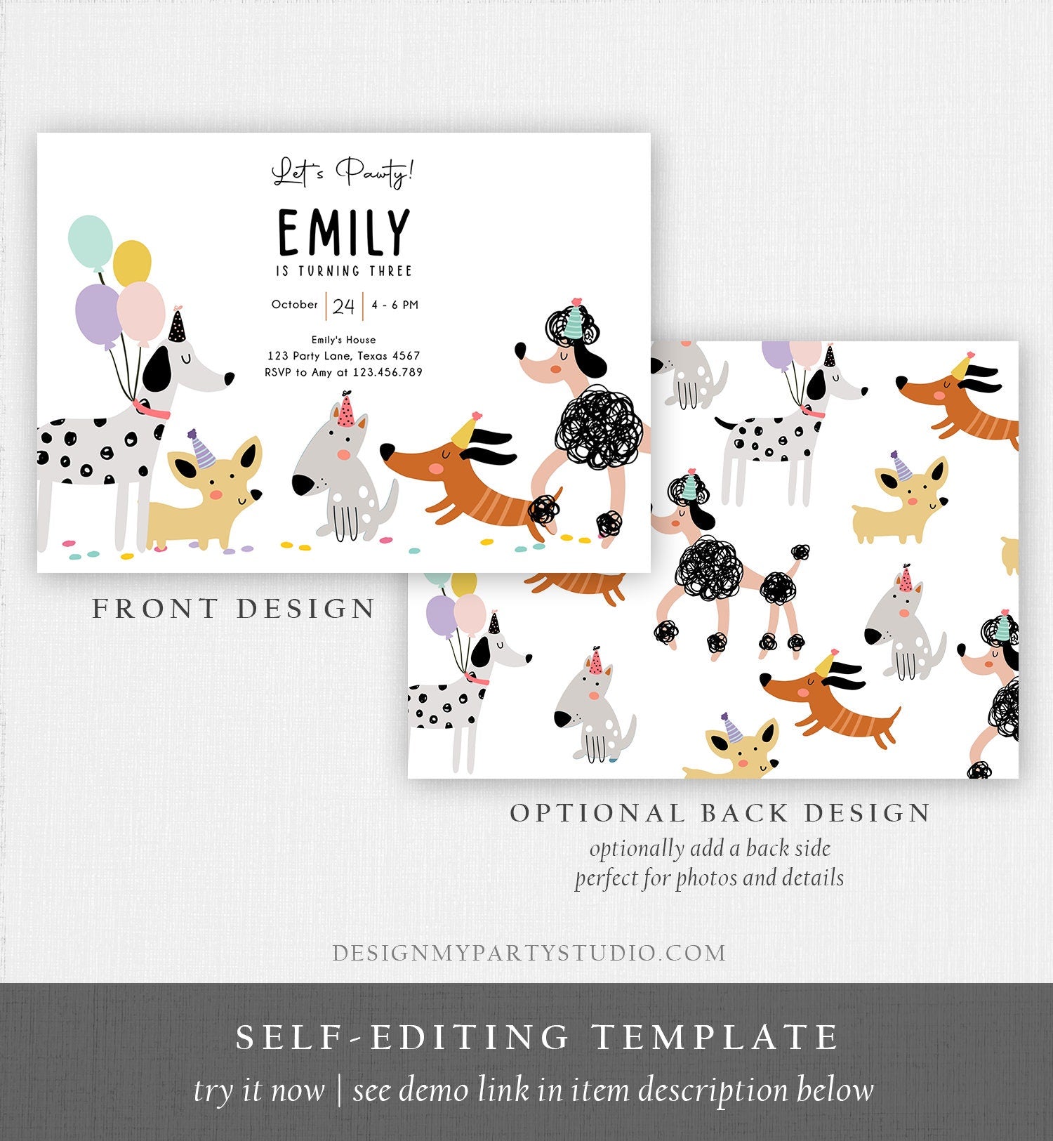 Editable Dog Birthday Party Invitation Puppy Birthday Invite Pink Girl Pawty Birthday Animal Pet Vet Download Printable Template Corjl 0429