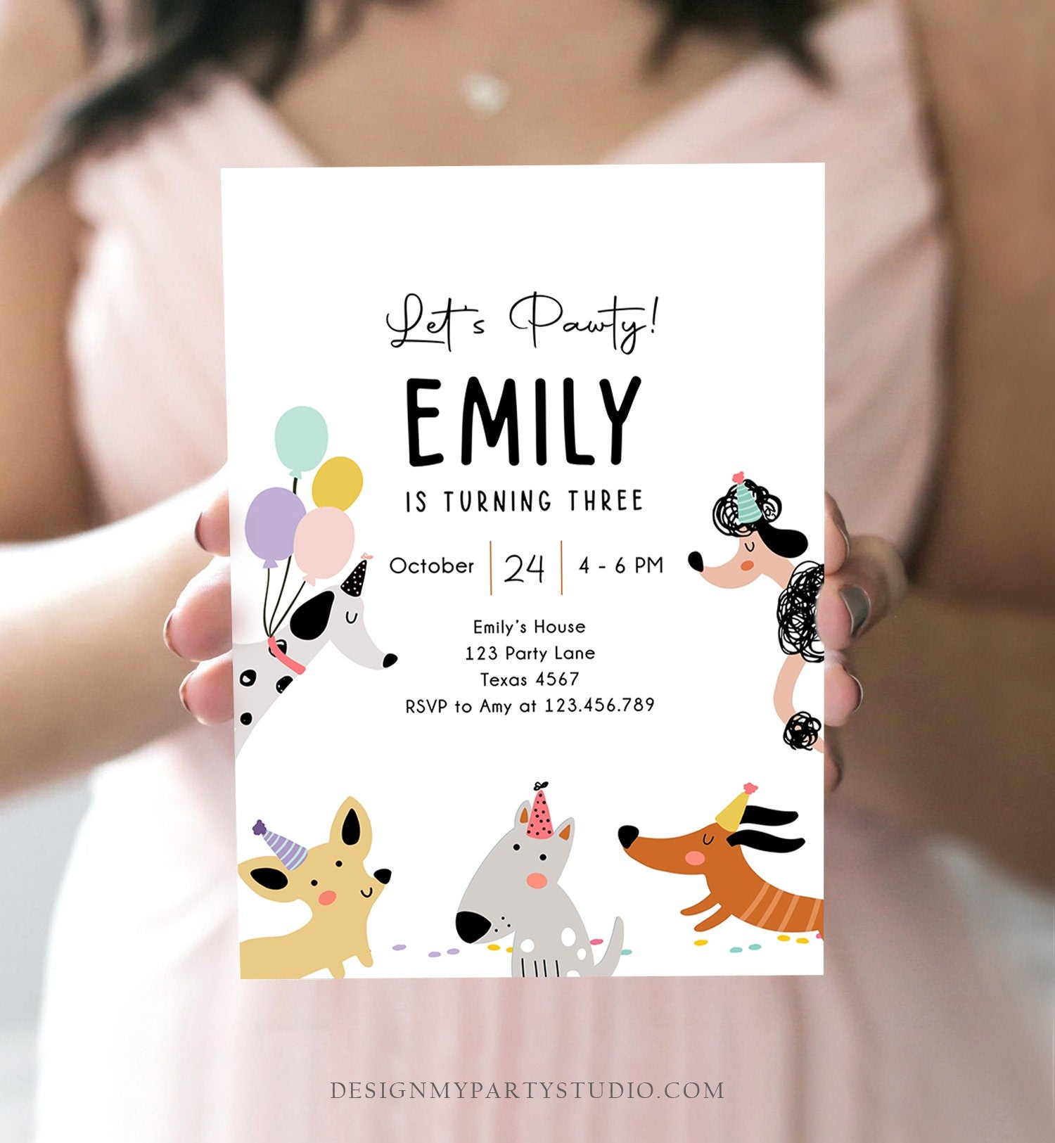 Editable Dog Birthday Party Invitation Puppy Birthday Invite Pink Girl Pawty Birthday Animal Pet Digital Download Template Printable 0429