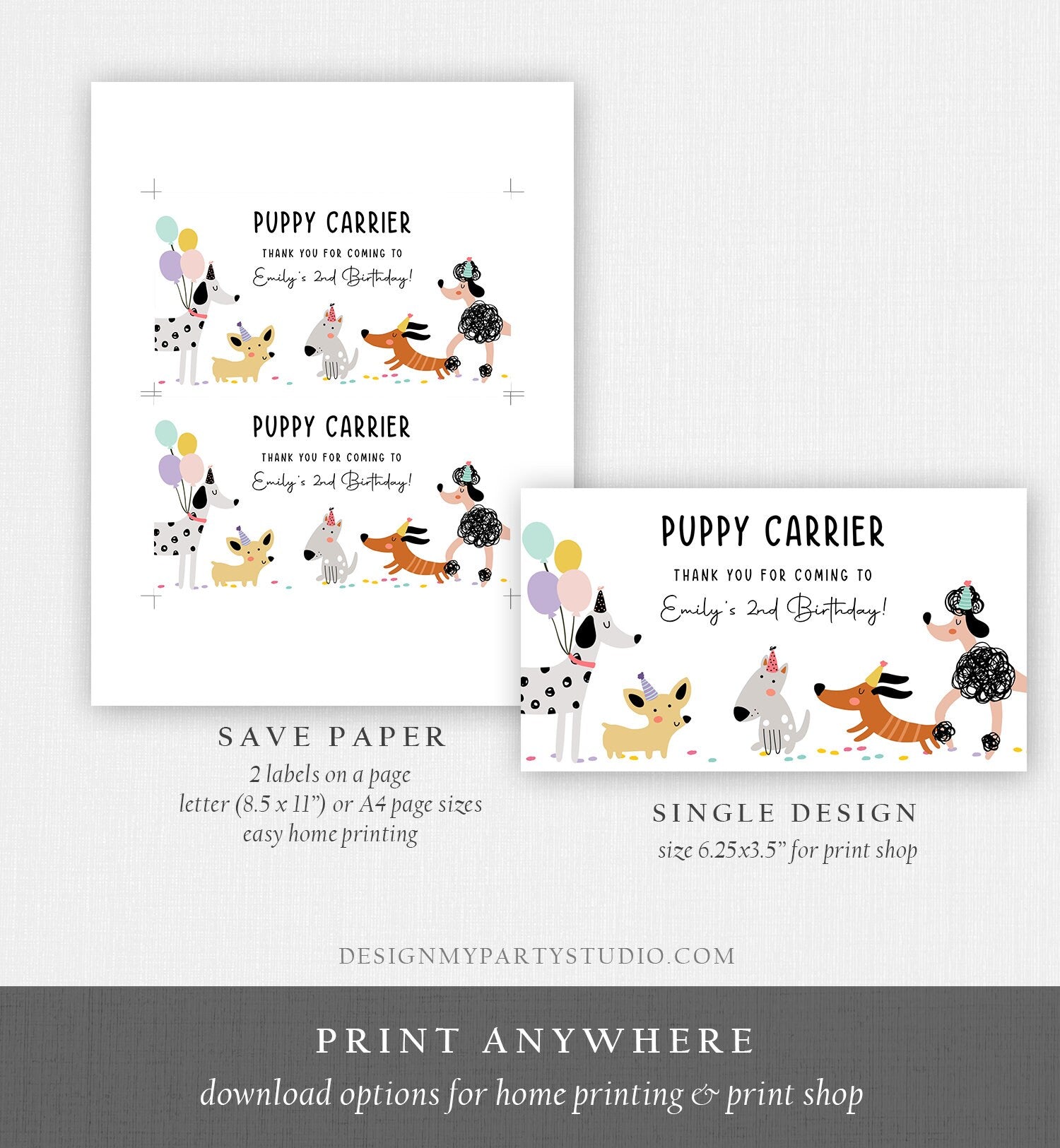 Editable Puppy Carrier Box Favor Label Puppy Birthday Favor Box Label Boy Girl Adopt a Puppy Pet Pawty Digital Download Printable Corjl 0429