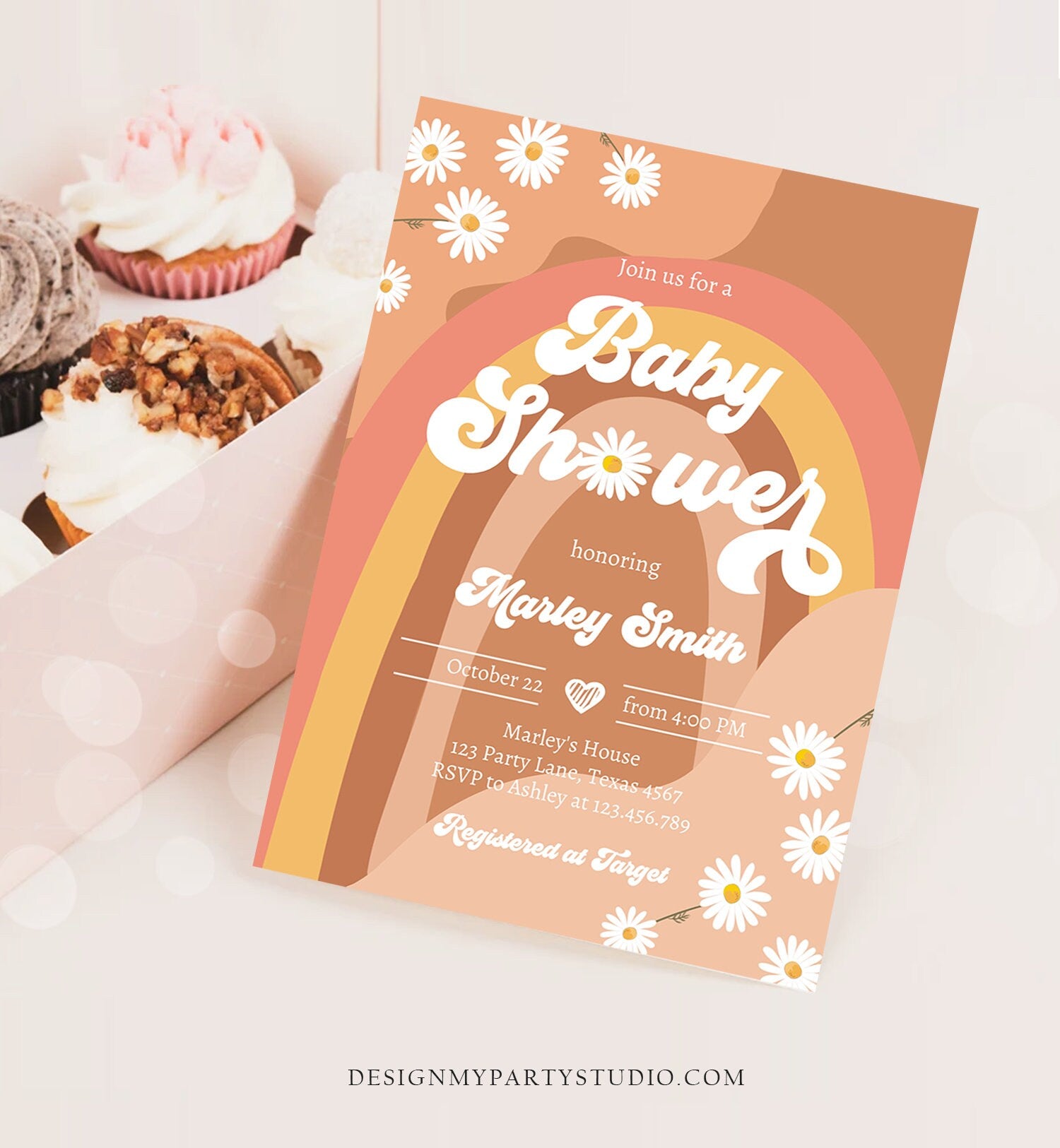 Editable Retro Groovy Baby Shower Invitation Boho Daisy Rainbow Flower Power 70's Hippie Bohemian Digital Evite Template Printable 0428