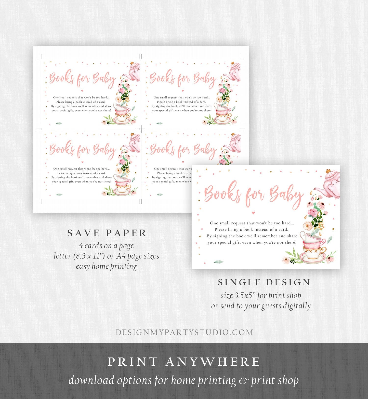 Editable Bring a Book Card Baby is Brewing Baby Shower Pink Tea Party Book Insert Books for Baby Book Request Corjl Template Printable 0349