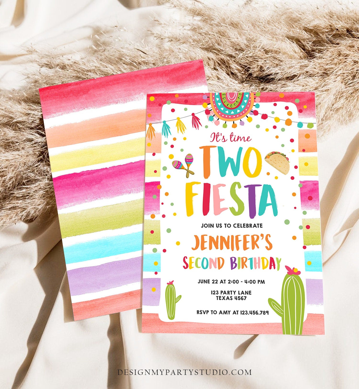 Editable It's Time Two Fiesta Birthday Invitation Second Birthday 2nd Cactus Mexican Boy Girl Cactus Download Corjl Template Printable 0134