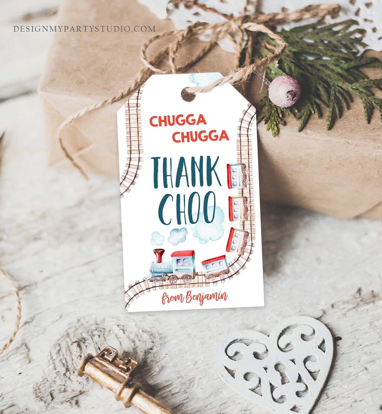 Editable Favor Tags Train Birthday Thank You Tags Vintage Train Party Chugga Choo Choo Thank Choo Red Blue Boy Template PRINTABLE Corjl 0149