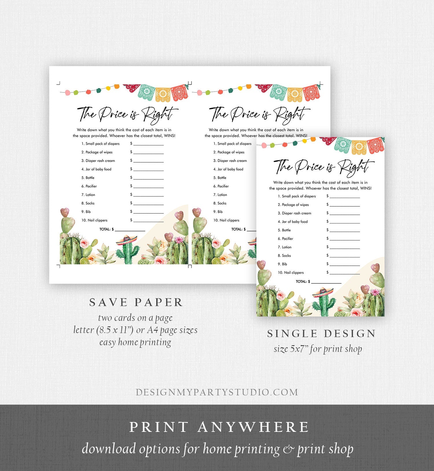 Editable The Price is Right Game Fiesta Baby Shower Cactus Mexican Shower Game Baby Coed Watercolor Download Corjl Template Printable 0404