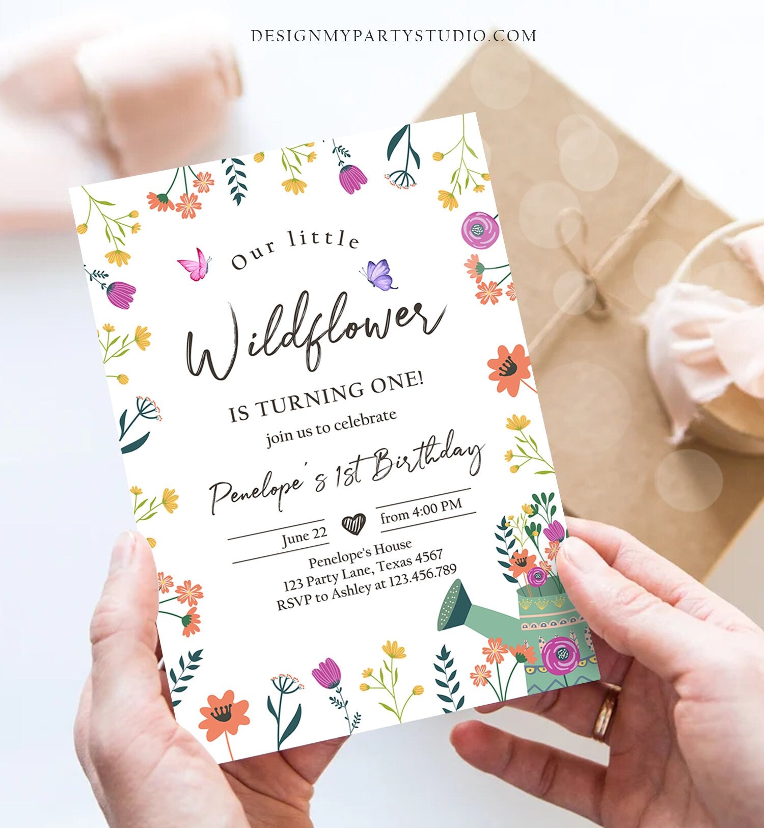 Editable Wildflower First Birthday Invitation 1st Birthday Flower Invitation Girl Garden Butterfly Download Corjl Template Printable 0396