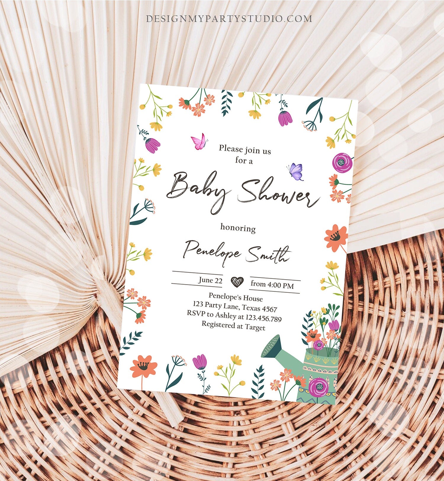 Editable Wildflower Baby Shower Invitation Boho Floral Spring Wildflowers Shower Butterfly Bohemian Download Corjl Template Printable 0396