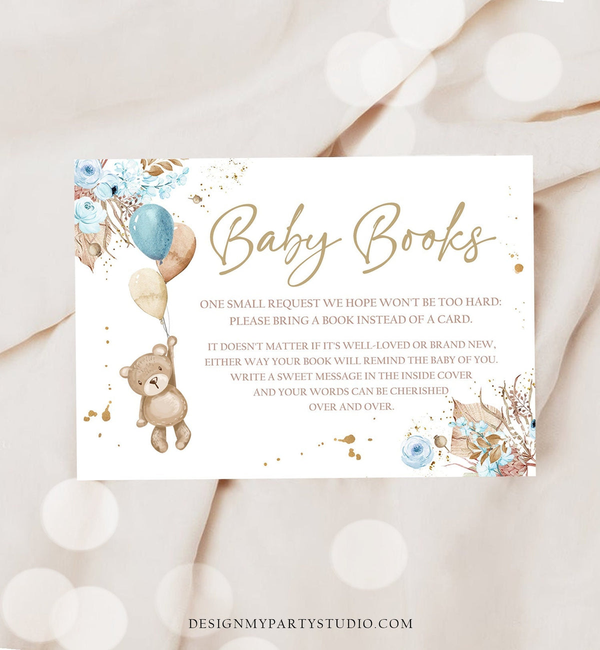 Editable Teddy Bear Bring a Book Card Boho Rustic Boy Baby Shower Book Insert Books for Baby Boy Pampas Gras Template PRINTABLE Corjl 0421