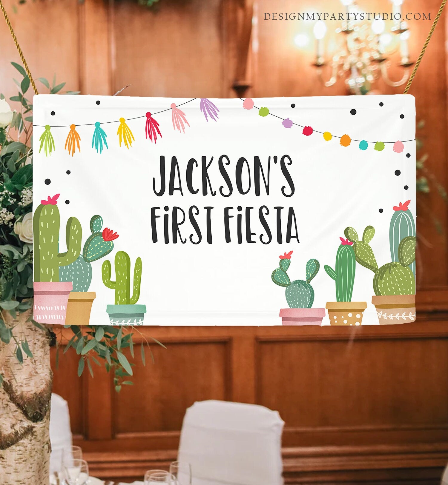 Editable Fiesta Cactus Backdrop Banner Birthday Baby Shower Bridal Shower Mexican Succulent Desert Floral Digital Template Printable 0254