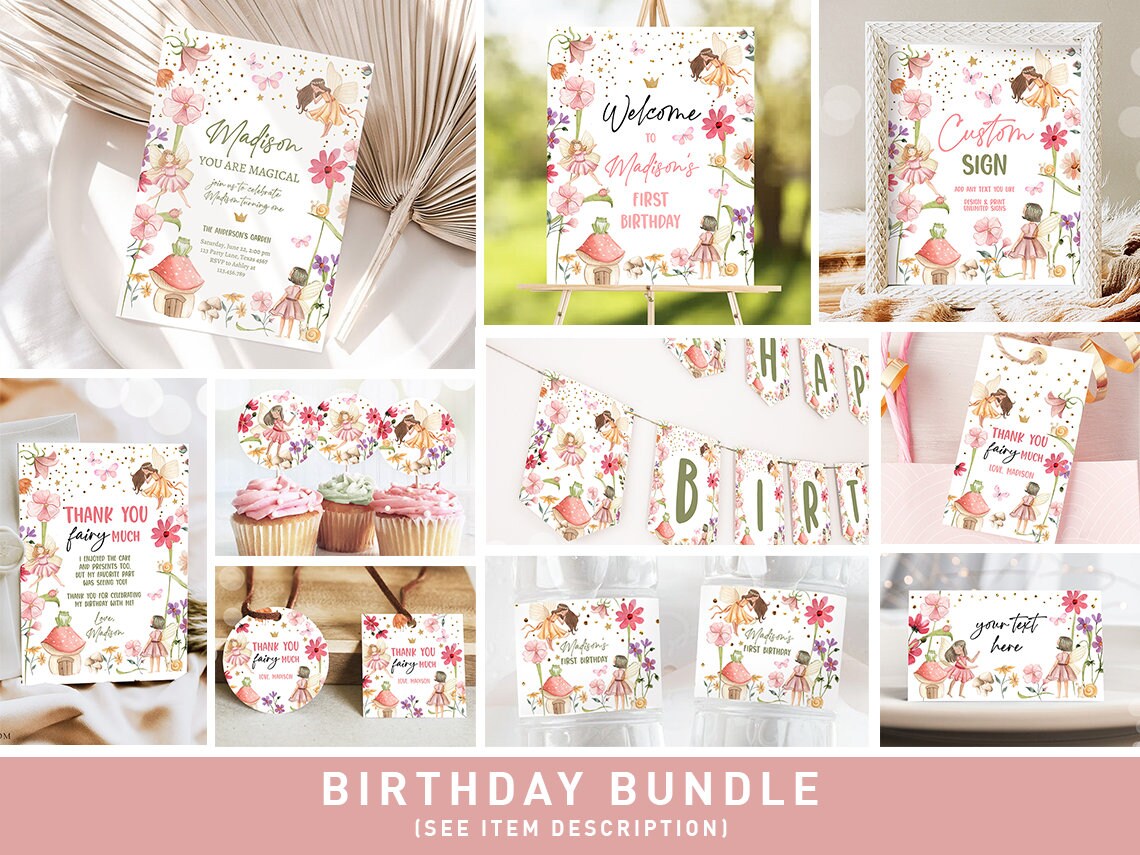 Fairy Birthday Invitation Bundle Fairy Theme Party Garden Party Decor Girl 1st Enchanted Forest Fairy Party Digital Template Printable 0406