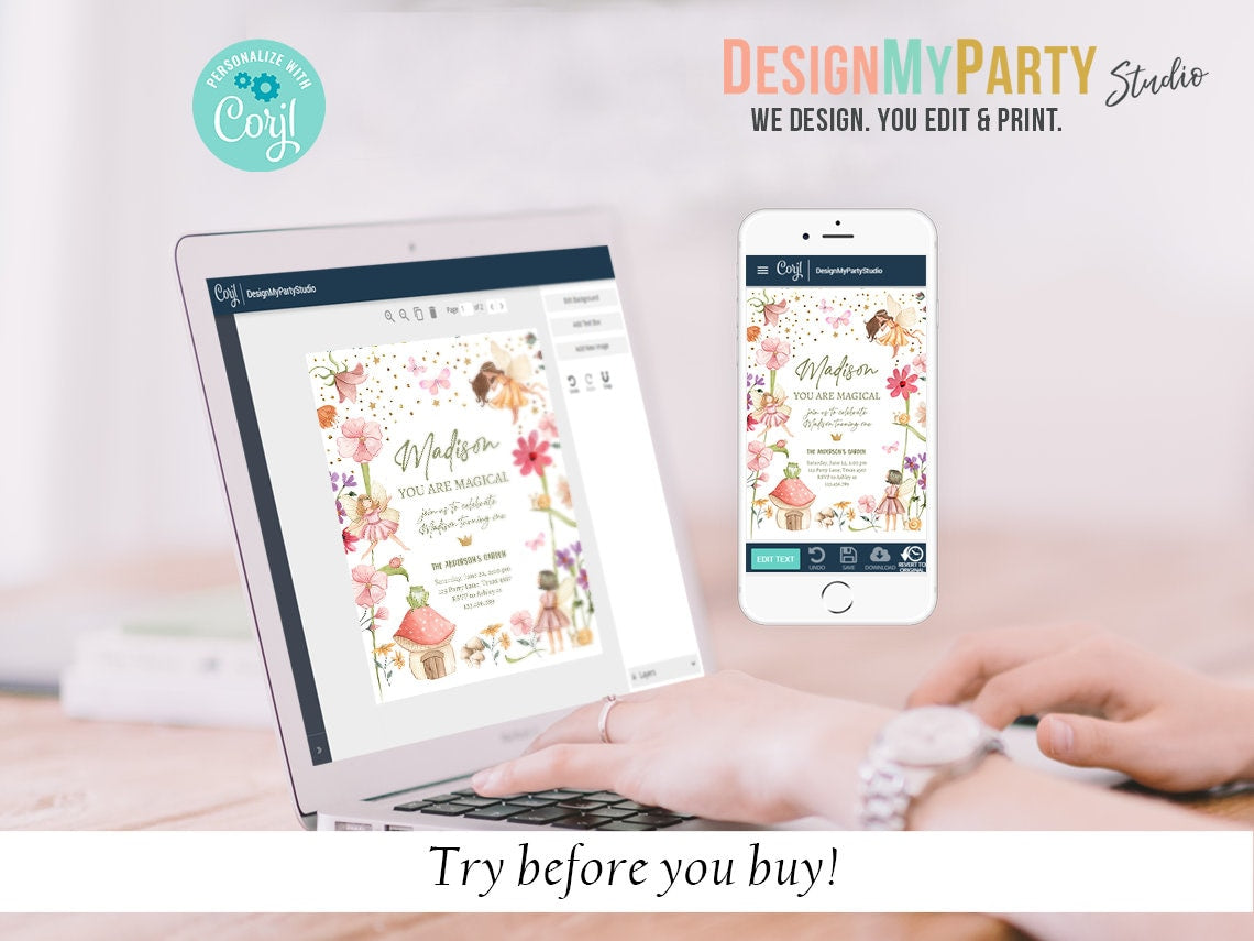 Fairy Birthday Invitation Bundle Fairy Theme Party Garden Party Decor Girl 1st Enchanted Forest Fairy Party Digital Template Printable 0406