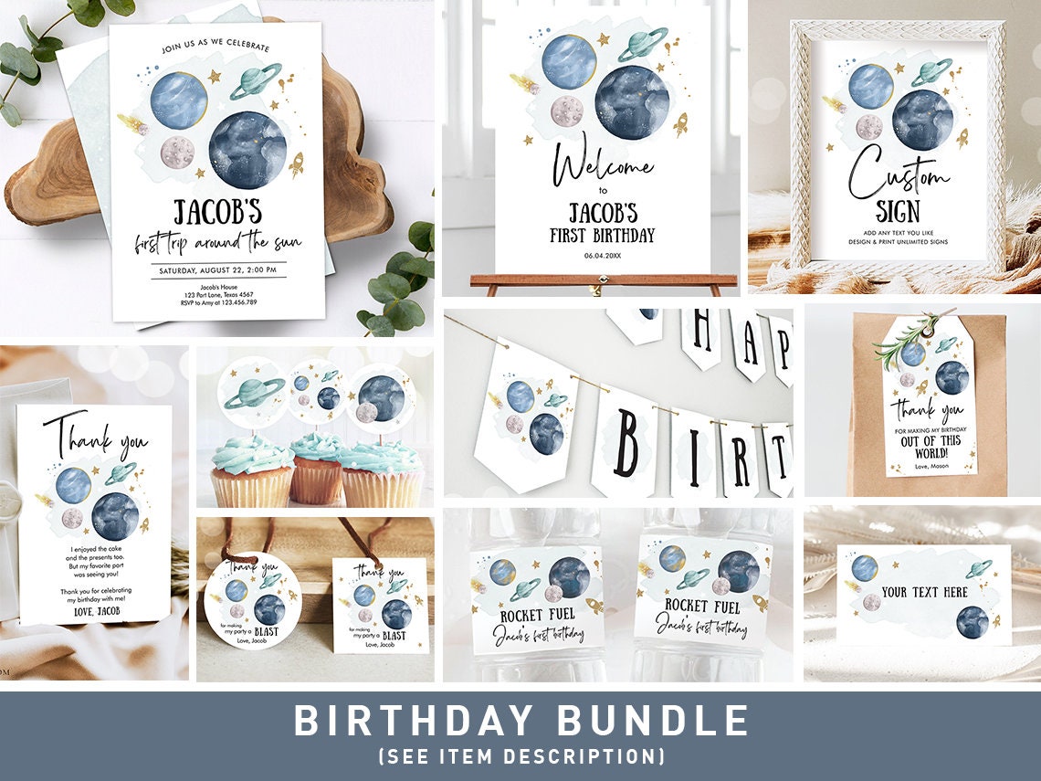 Space Birthday Invitation Bundle Space Party 1st Birthday First Trip Around the Sun Galaxy Boy Astronaut Blast Printable Corjl Template 0357