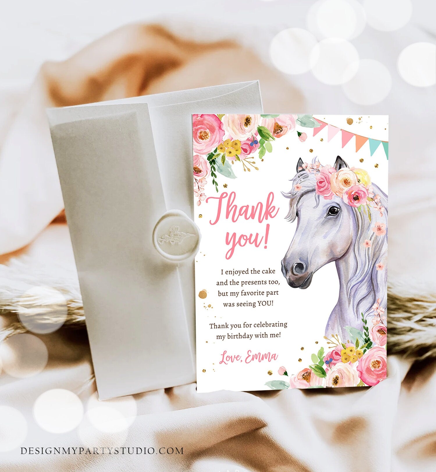 Editable Horse Thank You Card Note Girl Birthday Party Cowgirl Watercolor Pink Floral Saddle Up Download Printable Corjl Template 0408