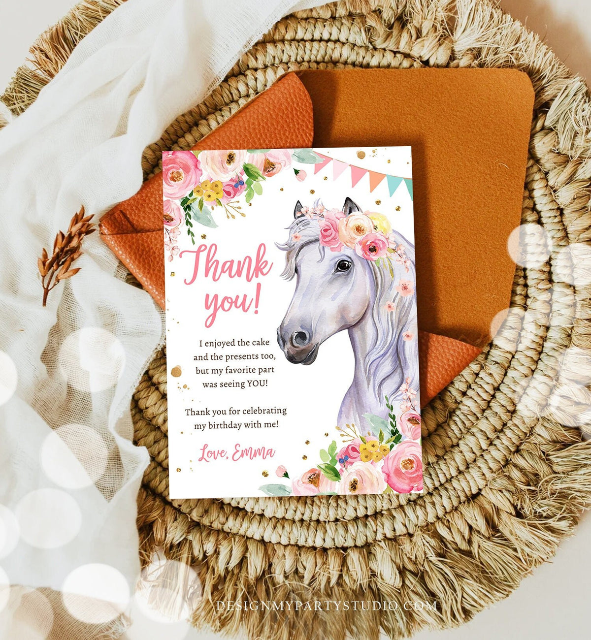 Editable Horse Thank You Card Note Girl Birthday Party Cowgirl Watercolor Pink Floral Saddle Up Download Printable Corjl Template 0408