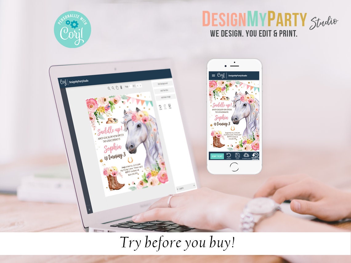 Horse Birthday Invitation Bundle Horse Party Invite Pony Birthday Saddle Up Floral Horse Girl 1st Birthday Printable Corjl Template 0408