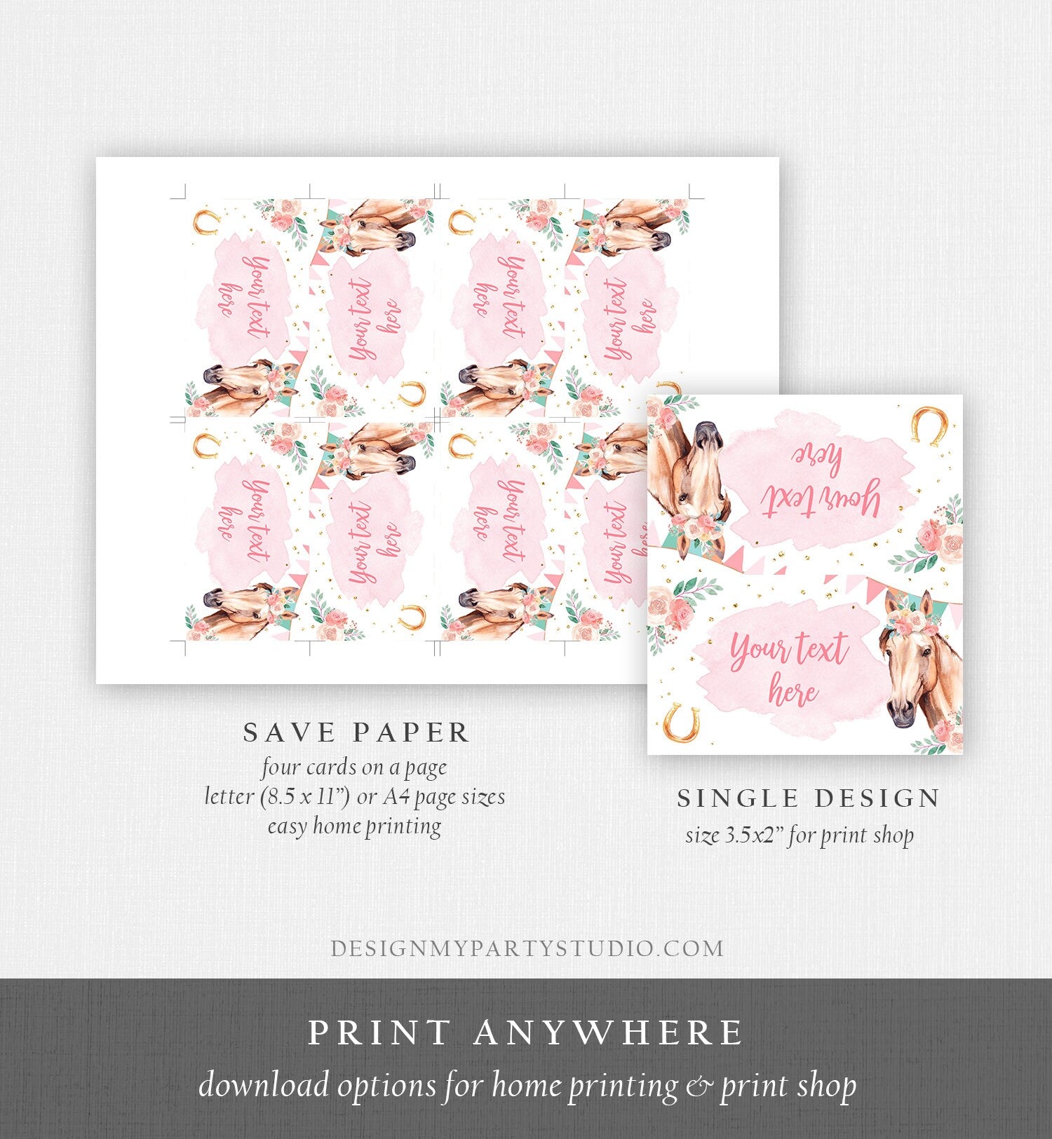 Editable Horse Birthday Food Tent Cards Horse Labels Cowgirl Party Place Cards Girl Pink Floral Pony Saddle Up Printable Template Corjl 0398