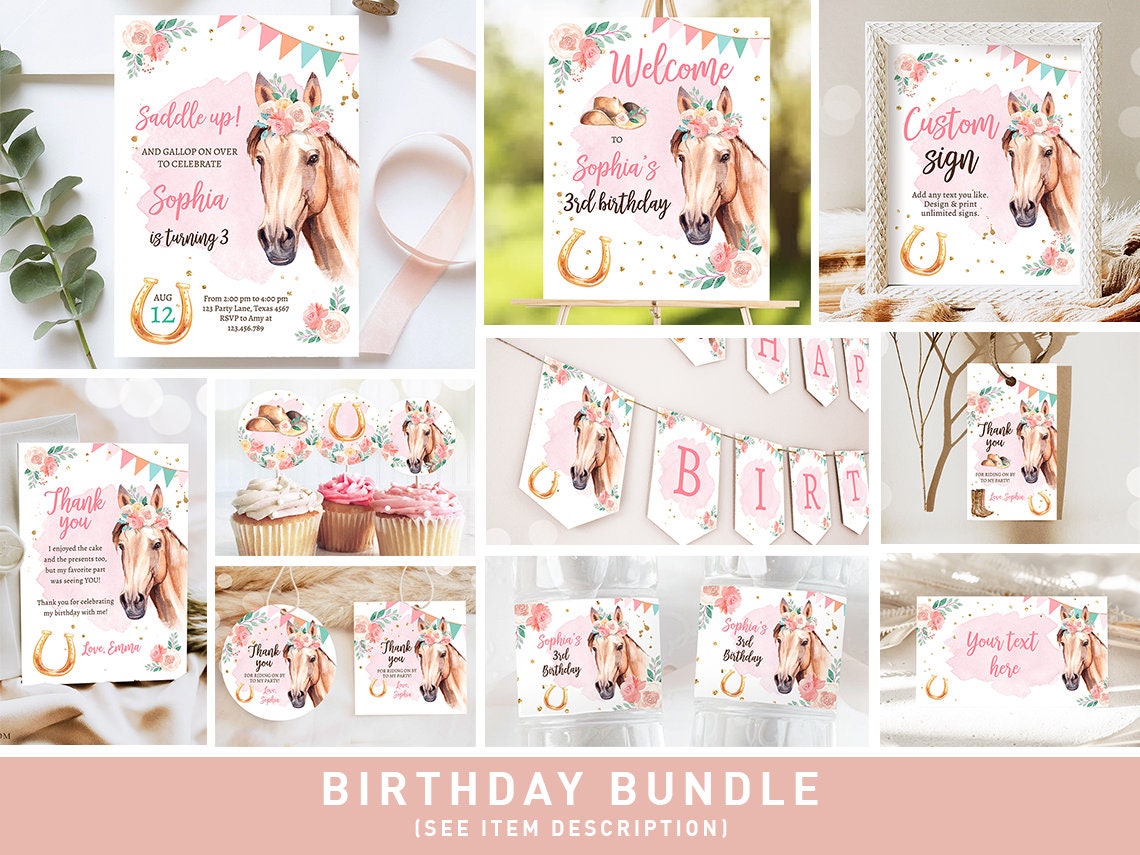 Horse Birthday Invitation Bundle Horse Party Invite Pony Birthday Saddle Up Floral Horse Girl 1st Birthday Printable Corjl Template 0398