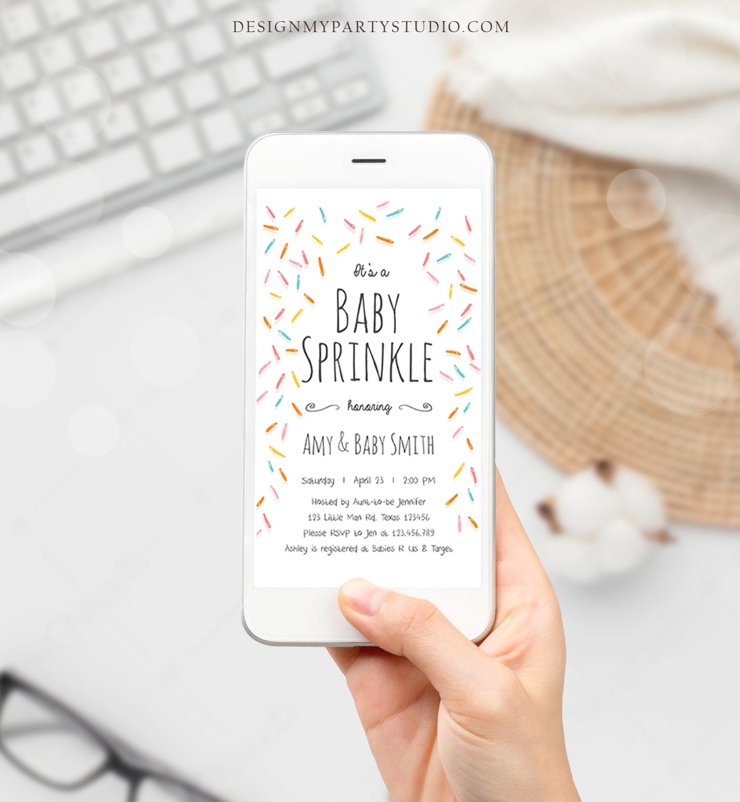 Editable Baby Sprinkle Shower Invitation Baby Shower Evite Gender Neutral Confetti Sprinkles Electronic Digital Corjl Phone Template 0216