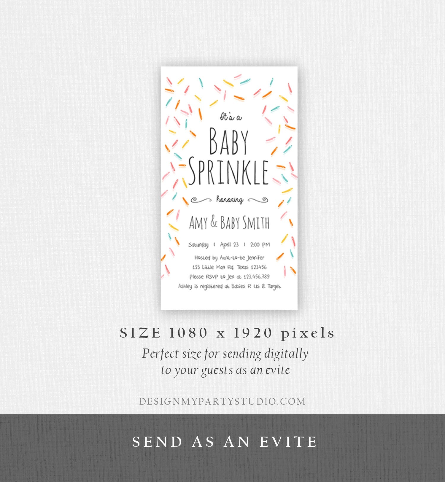 Editable Baby Sprinkle Shower Invitation Baby Shower Evite Gender Neutral Confetti Sprinkles Electronic Digital Corjl Phone Template 0216