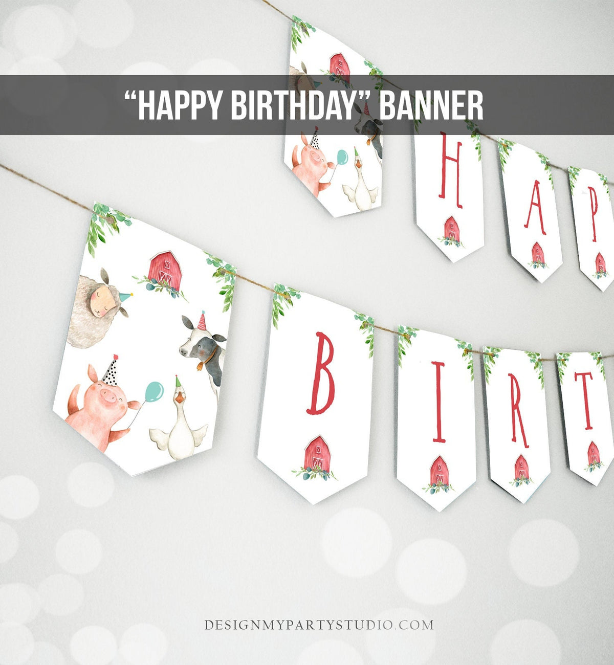 Happy Birthday Banner Farm Birthday Banner Farm Animals Boy Barnyard Birthday Decorations Red Instant download PRINTABLE DIGITAL DIY 0155