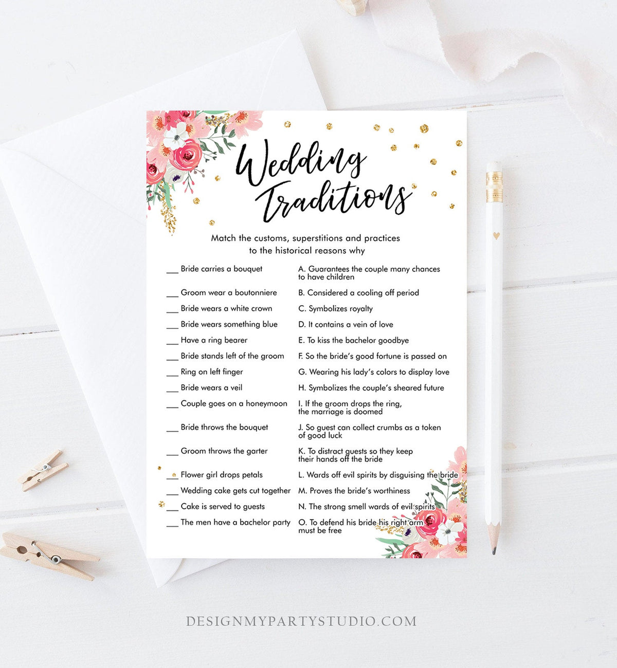 Editable Wedding Traditions Bridal Shower Game Travel Guessing Wedding Activity Game Adventure Floral Pink Digital Template Printable 0030