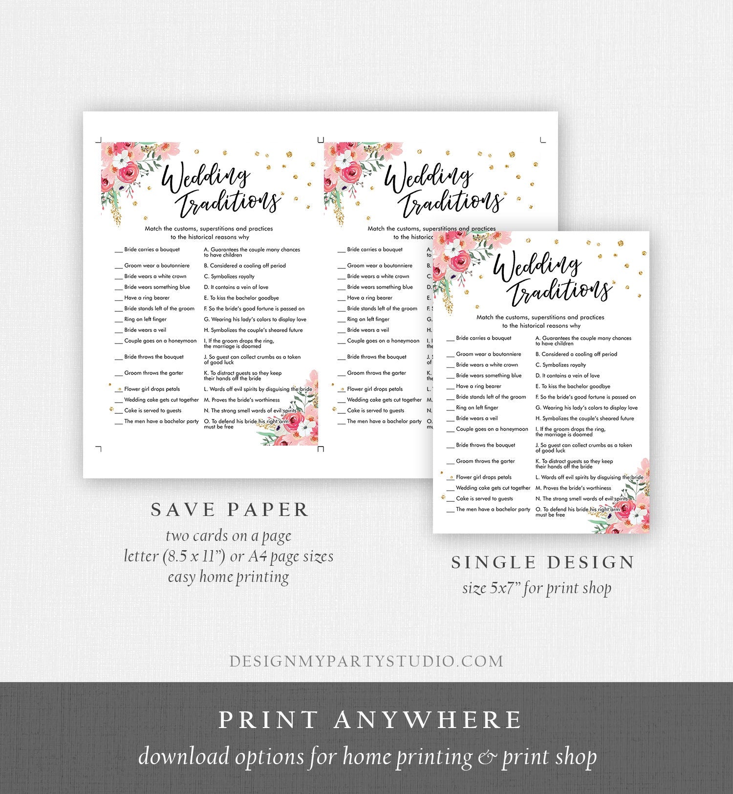 Editable Wedding Traditions Bridal Shower Game Travel Guessing Wedding Activity Game Adventure Floral Pink Digital Template Printable 0030